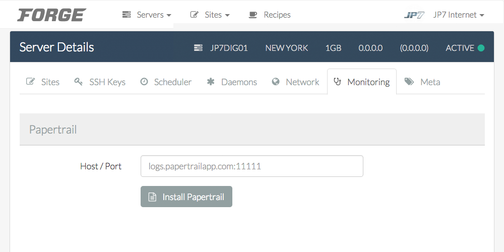 Add Papertrail to Forge server