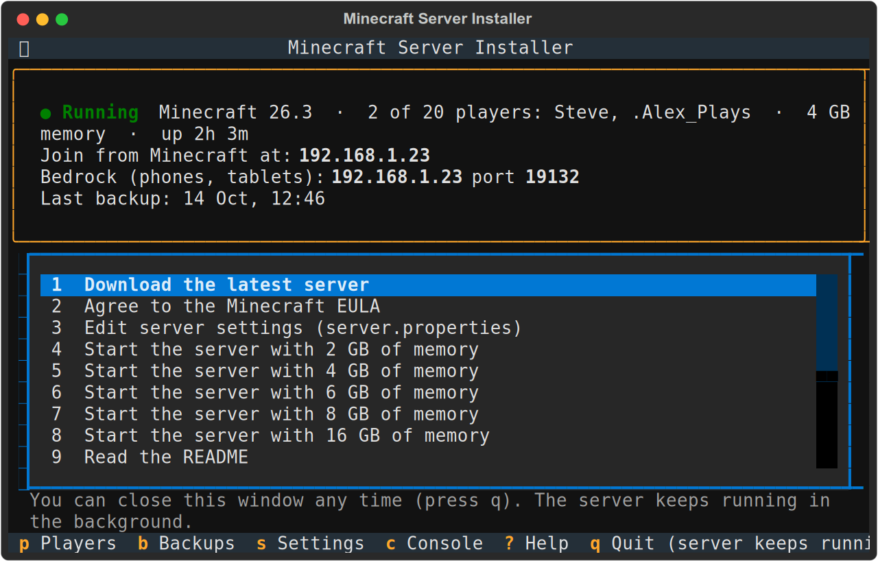 The menu's top shows "Bedrock (phones, tablets): 192.168.1.23 port 19132"