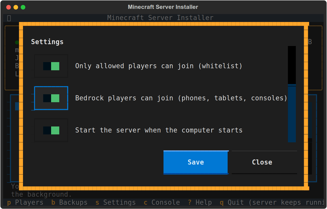 Settings, with "Bedrock players can join" switched on and highlighted