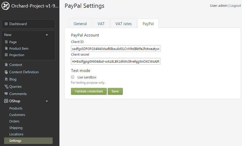 Orchard dashboard OShop.PayPal enter settings