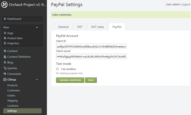 Orchard dashboard OShop.PayPal validate credentials