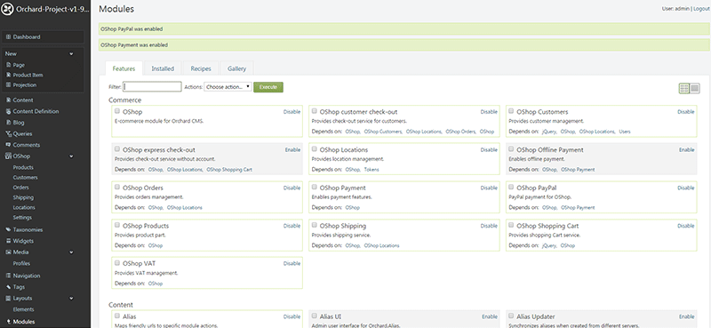 Orchard dashboard modules enable OShop.PayPal feature complete