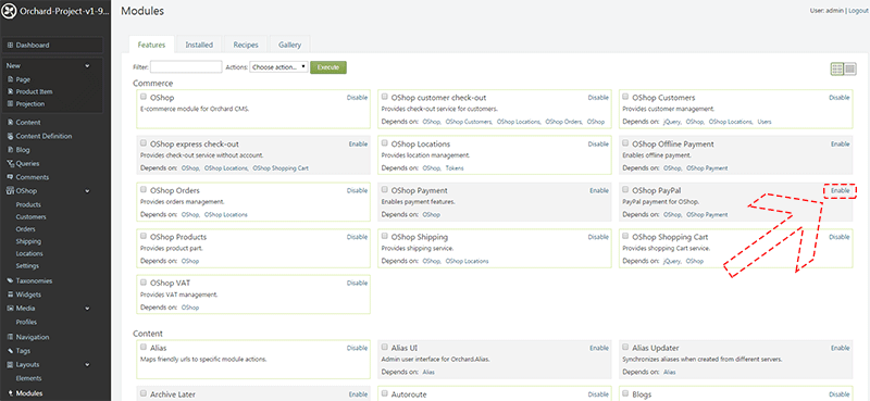 Orchard dashboard modules enable OShop.PayPal feature