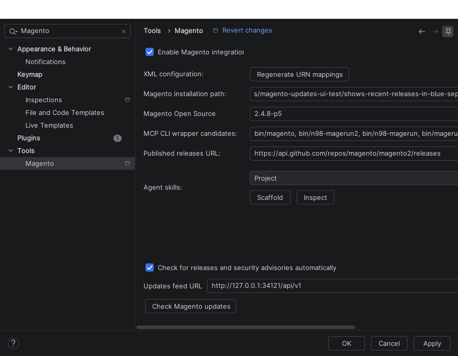 Magento settings with automatic checks and the manual check button