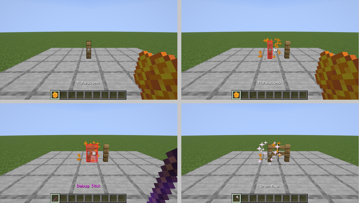 Four game views showing a fence before locking, after honeycomb, after a Debug Stick edit and after unlocking
