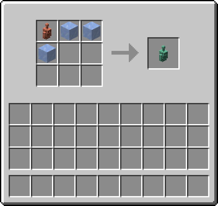 Shapeless crafting: 1 × Copper Golem Statue, 3 × Ice → 1 × Oxidized Copper Golem Statue