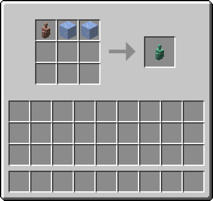 Shapeless crafting: 1 × Exposed Copper Golem Statue, 2 × Ice → 1 × Oxidized Copper Golem Statue