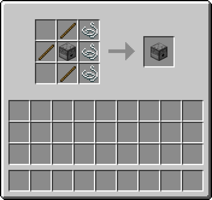 Crafting table: 3 × Stick, 3 × String, 1 × Dropper → 1 × Dispenser