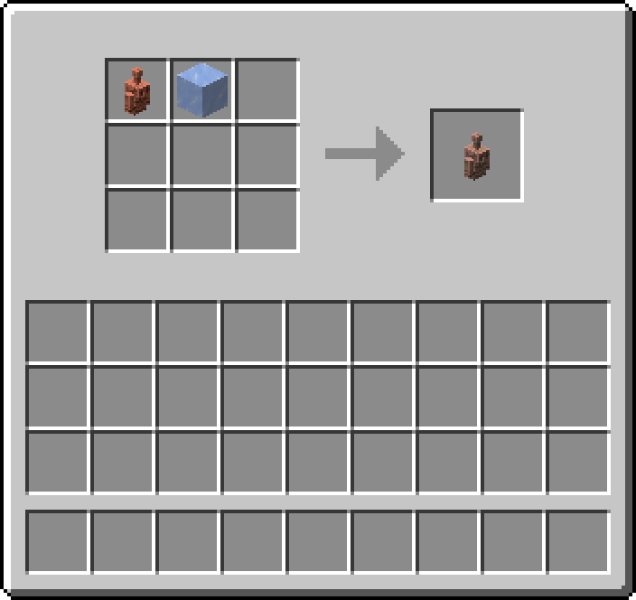 Shapeless crafting: 1 × Waxed Copper Golem Statue, 1 × Ice → 1 × Waxed Exposed Copper Golem Statue