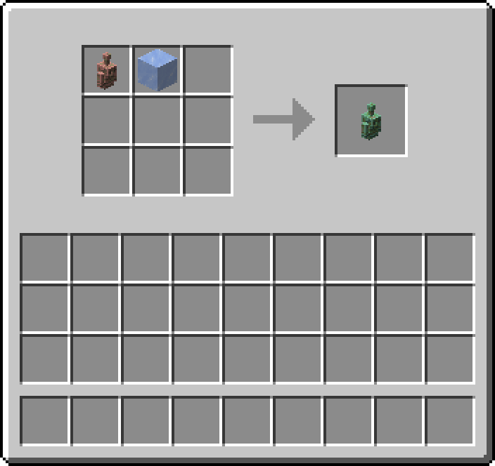 Shapeless crafting: 1 × Waxed Exposed Copper Golem Statue, 1 × Ice → 1 × Waxed Weathered Copper Golem Statue