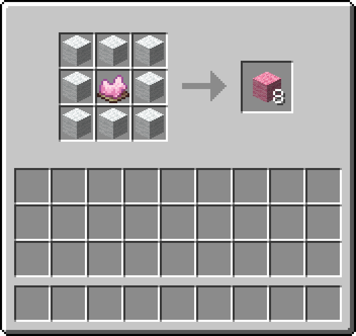 Crafting table: 8 × White Wool, 1 × Pink Dye → 8 × Pink Wool