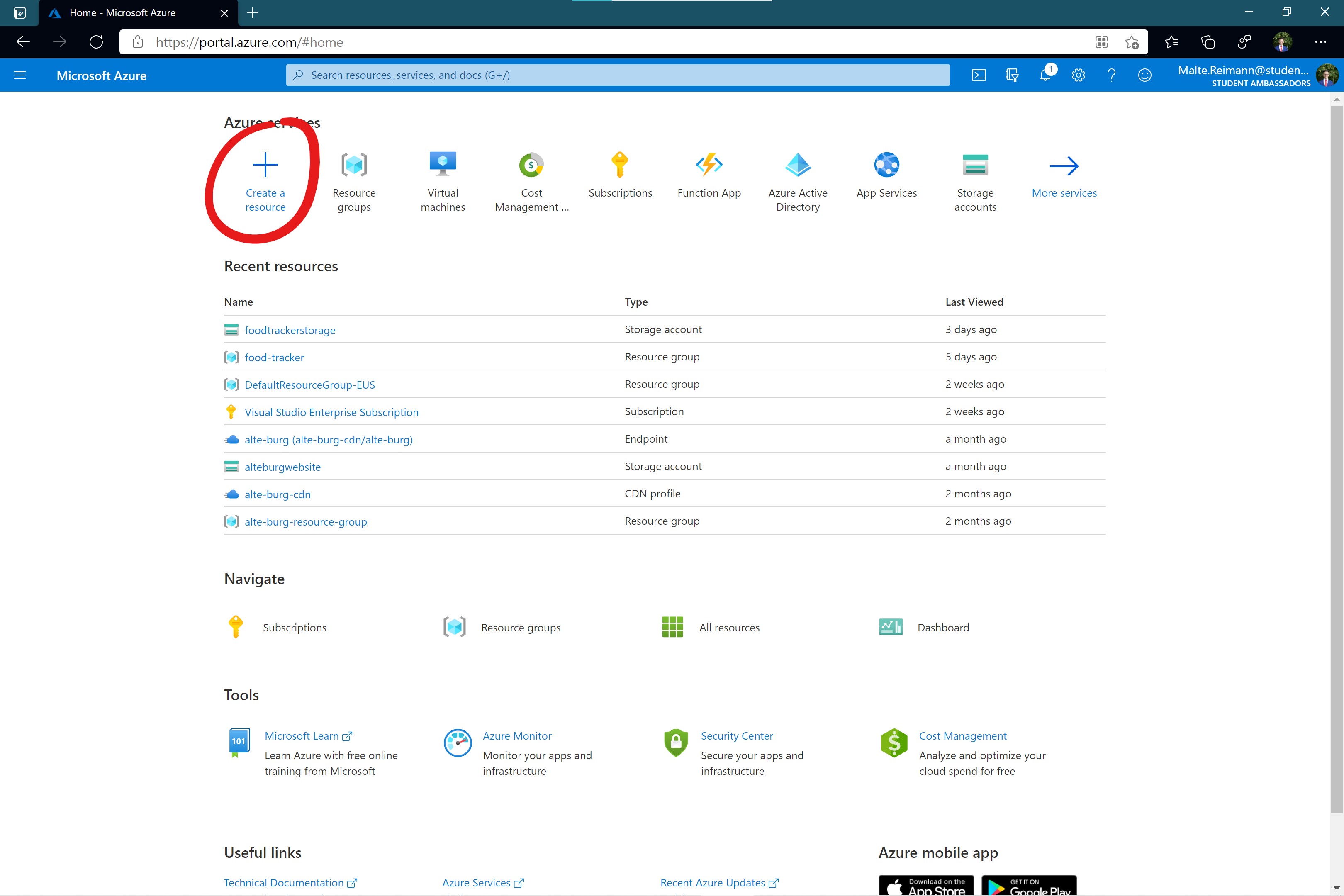 Screenshot of Azure Portal with a red circle around Button with label '+ Create a resource'.