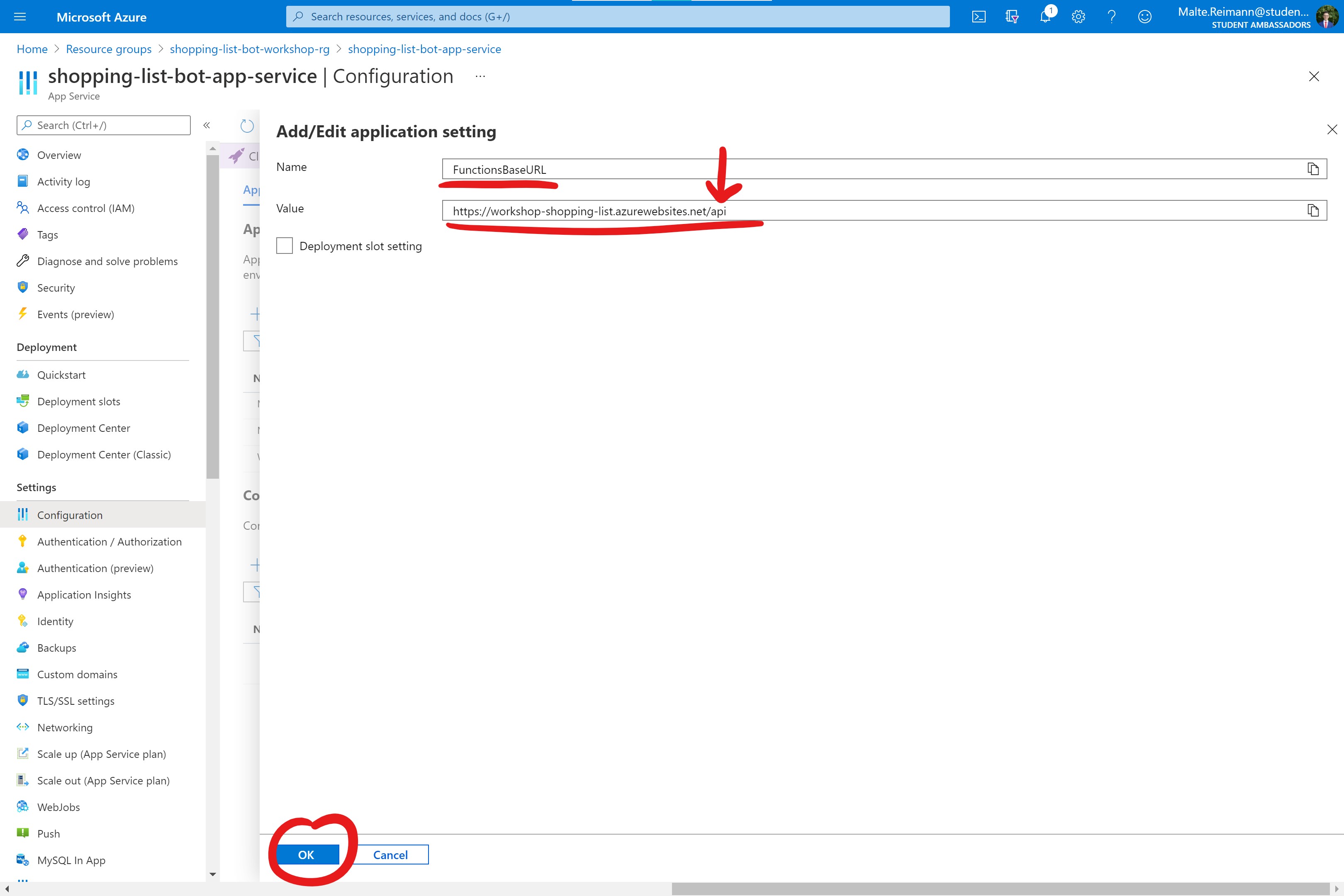 Screenshot of Azure Portal with bot App Service 'Add/Edit application setting' open, 'Name' and 'Value' text box fields filled and red circle around 'OK' button.