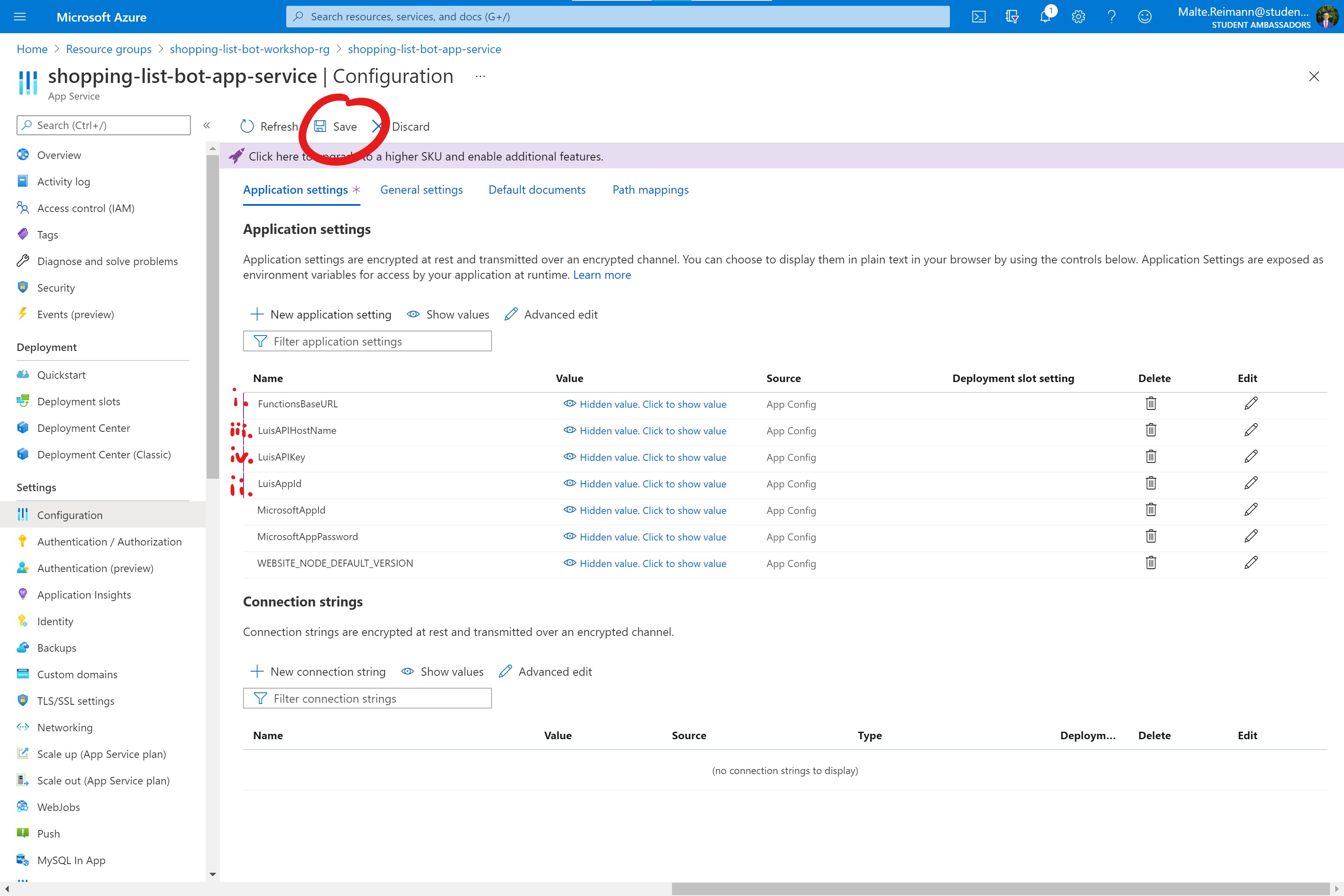 Screenshot of Azure Portal with bot App Service 'Configuration' page open, where the four application settings created before are visible and a red circle around the 'Save' button on the top of the 'Configuration' page.