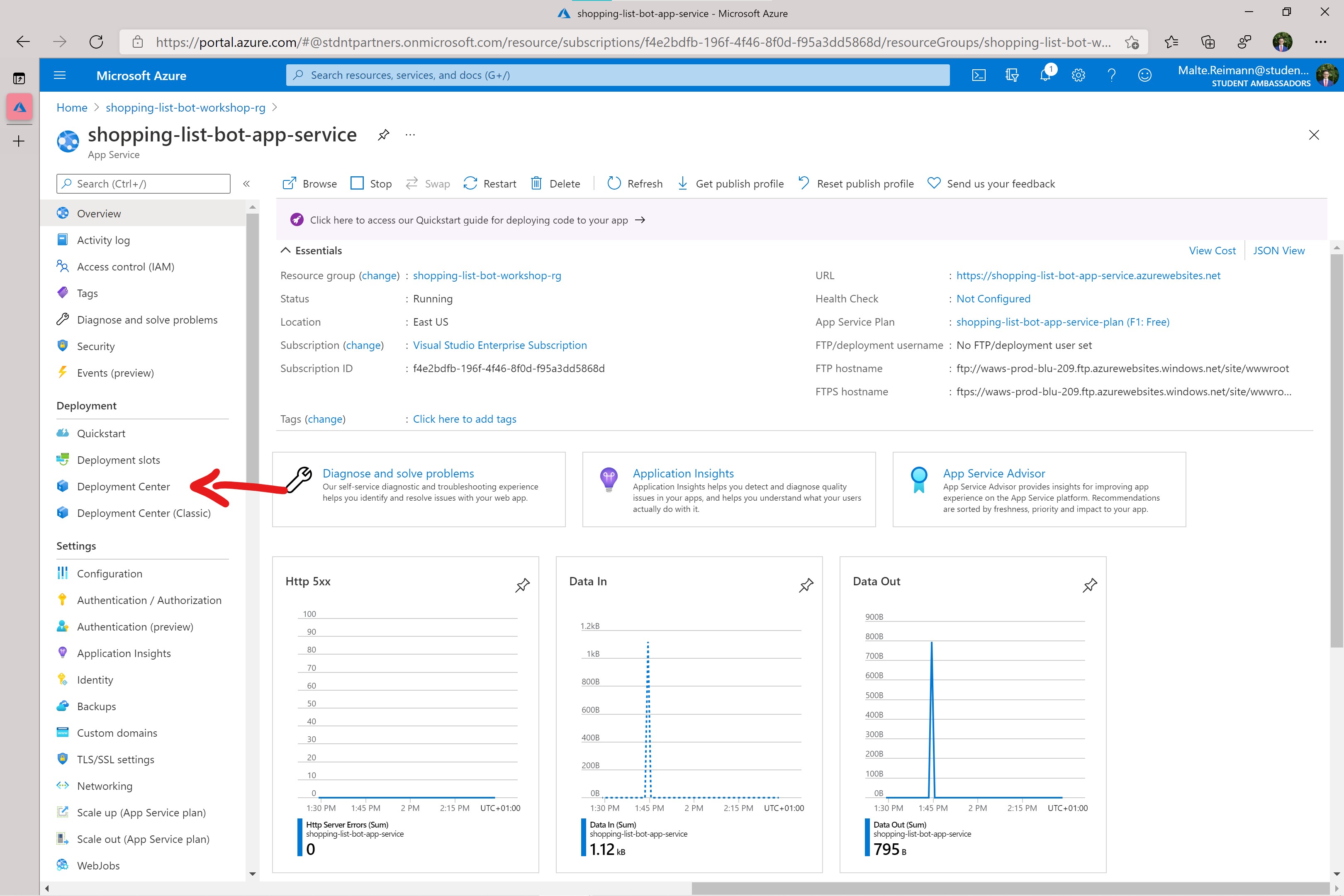 Screenshot of Azure Portal with App Service resource for the bot open.