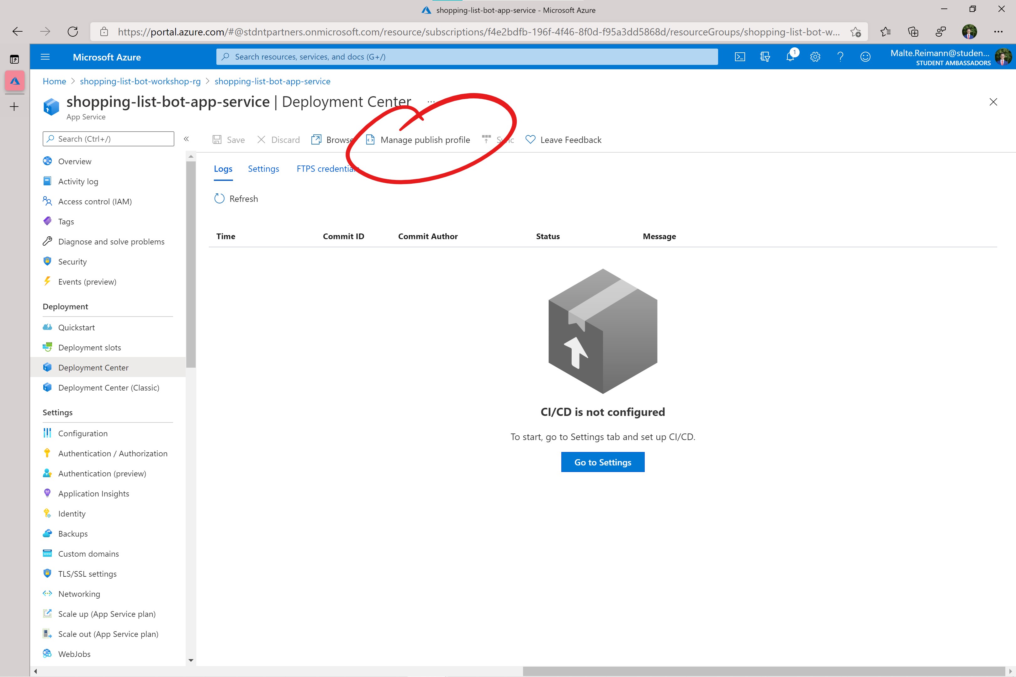 Screenshot of Azure Portal with App Service Deployment Center for bot open.