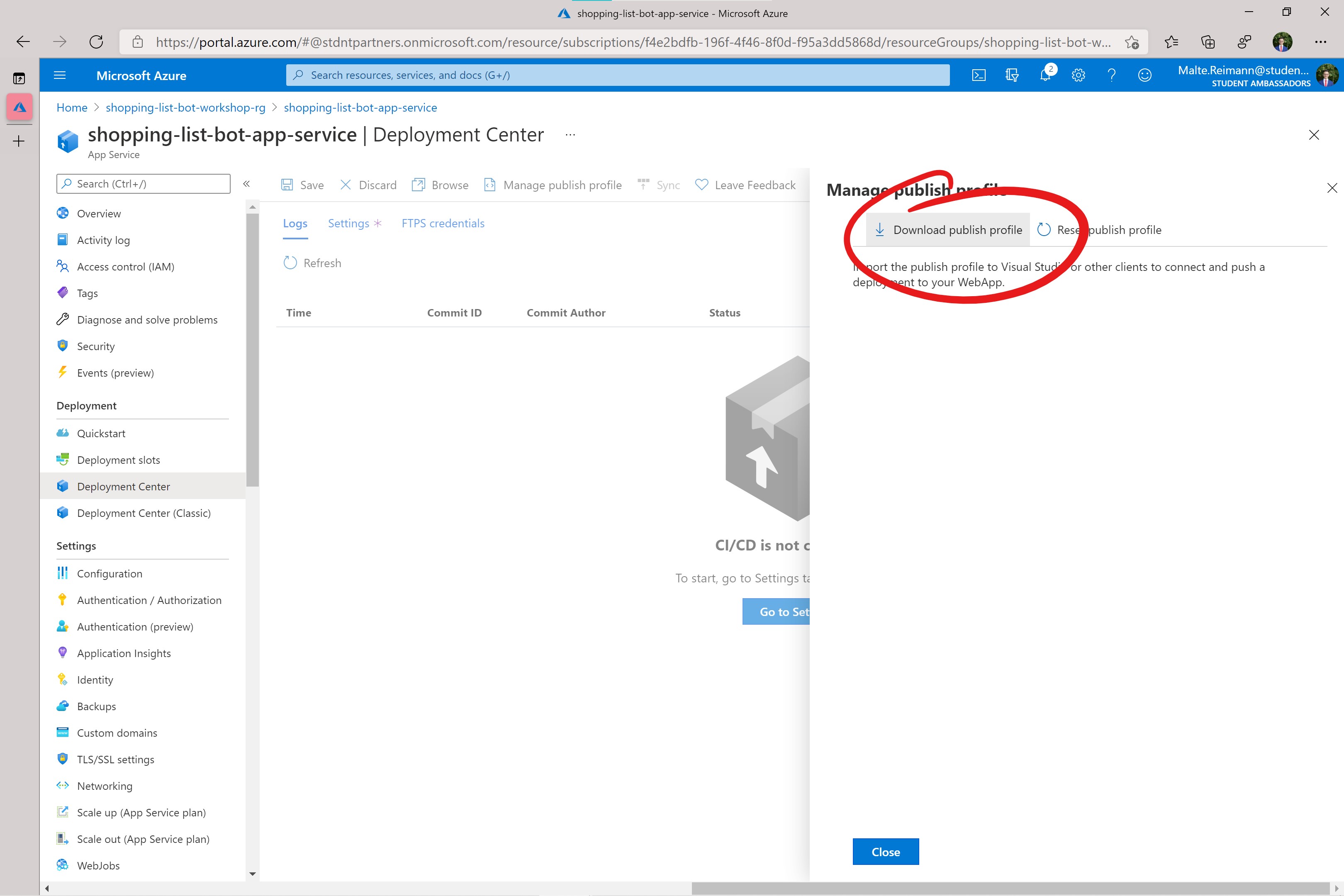 Screenshot of Azure Portal with App Service Deployment Center Manage Publish Profile open and red circle around 'Download publish profile' button.