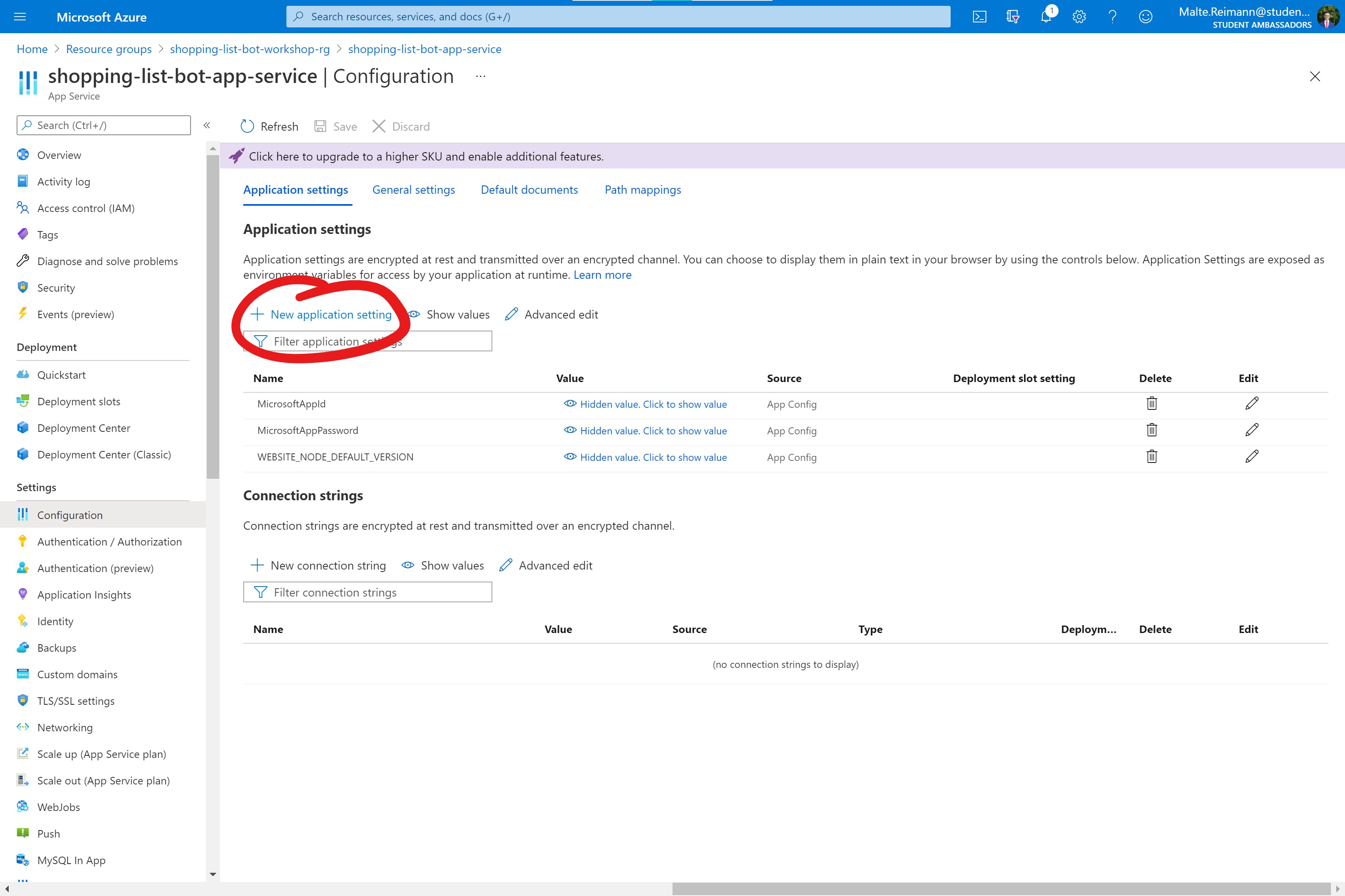 Screenshot of Azure Portal with bot App Service 'Configuration' page open and red circle around '+ New application setting' button.