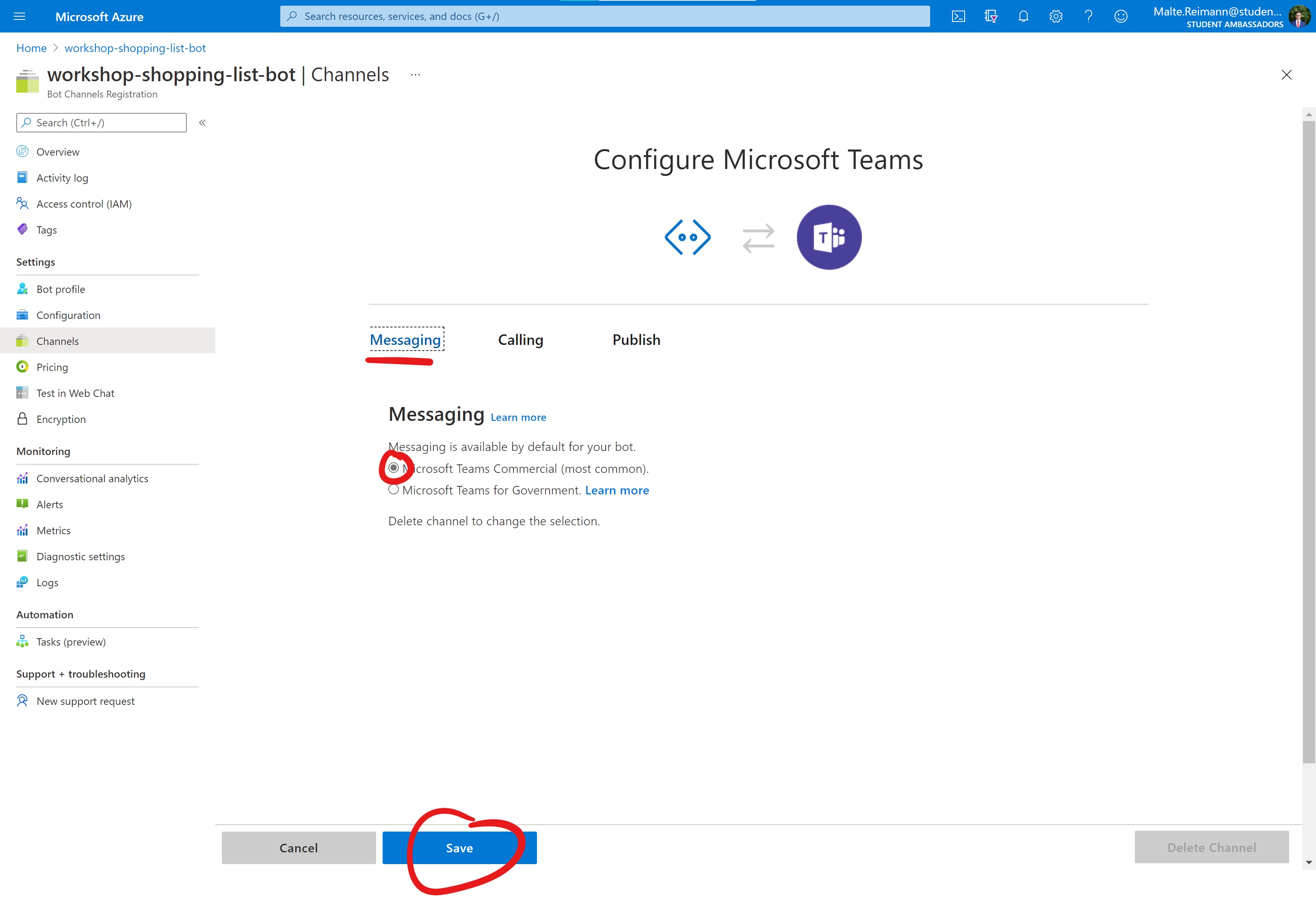 Screenshot of Azure Portal with Bot Channels Registration resource open. On the 'Configure Microsoft Teams' page, a red line under 'Messaging' tab, red circle around radio button for 'Microsoft Teams Commercial' and red circle around 'Save' button.