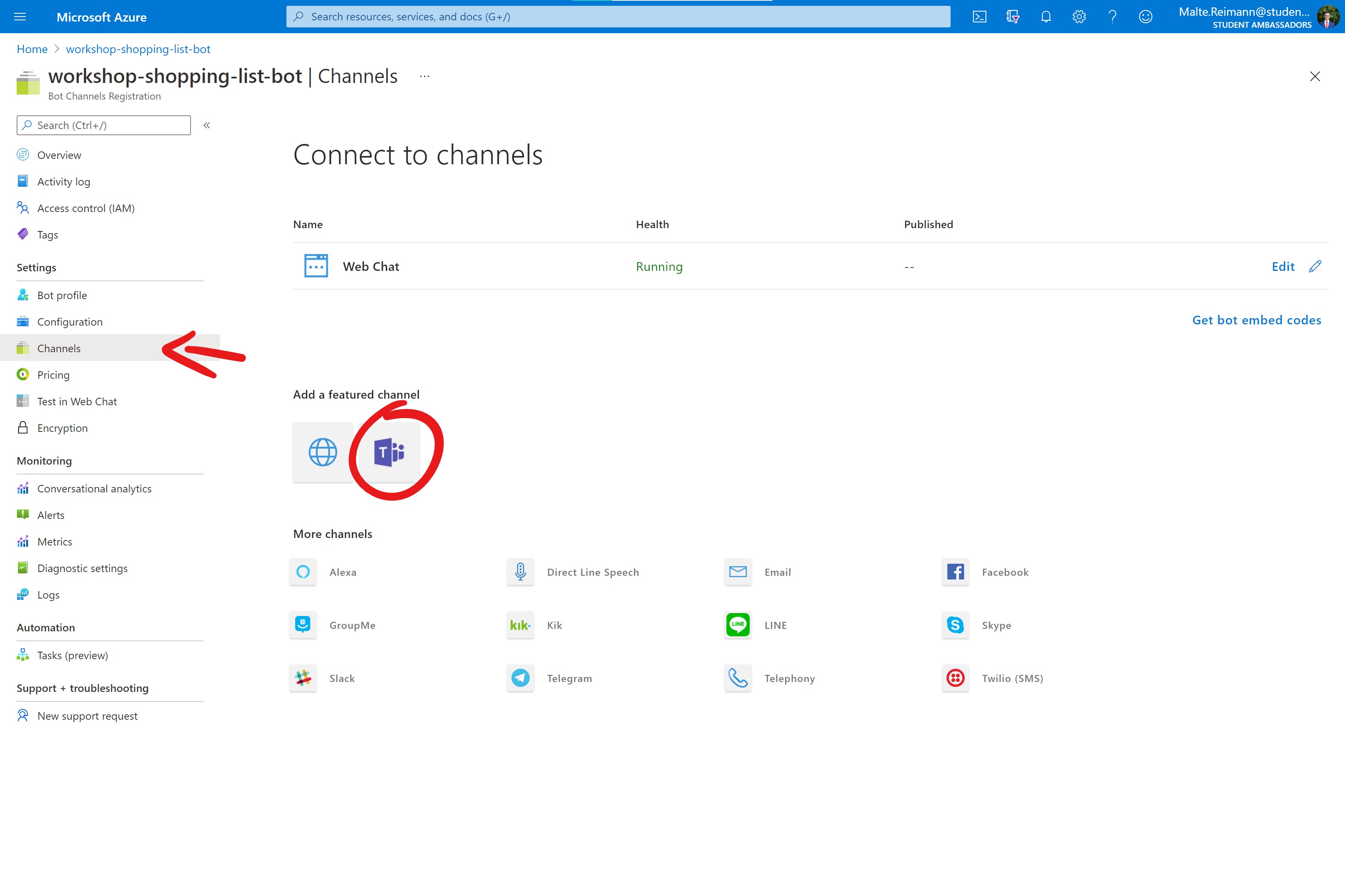 Screenshot of Azure Portal with Bot Channels Registration resource open. Red arrow pointing to 'Channels' navigation point in the left list. On channels page red circle around Microsoft Teams featured channel.