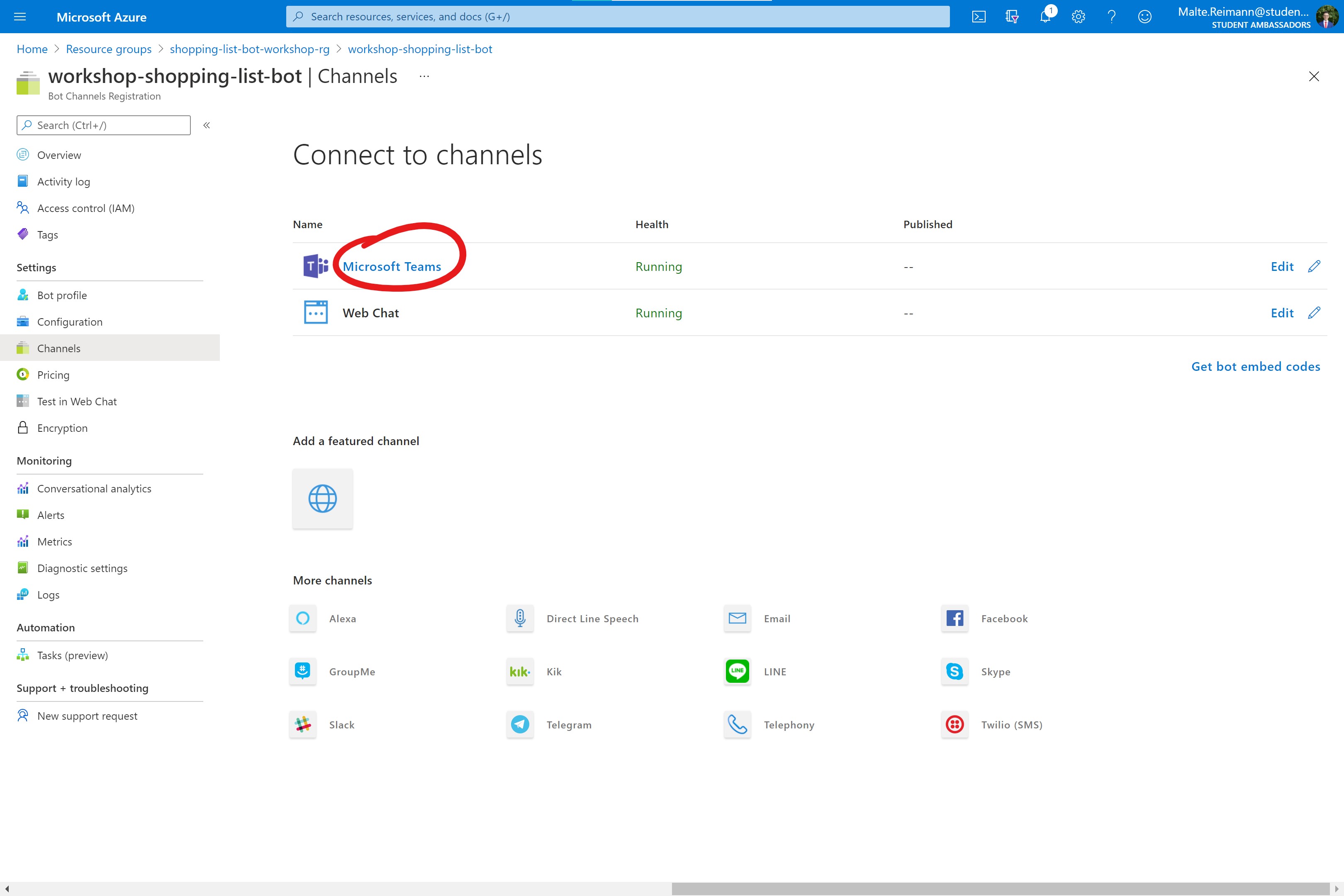 Screenshot of Azure Portal with Bot Channels Registration resource open and red circle around Microsoft Teams link in list channels connected with the bot.