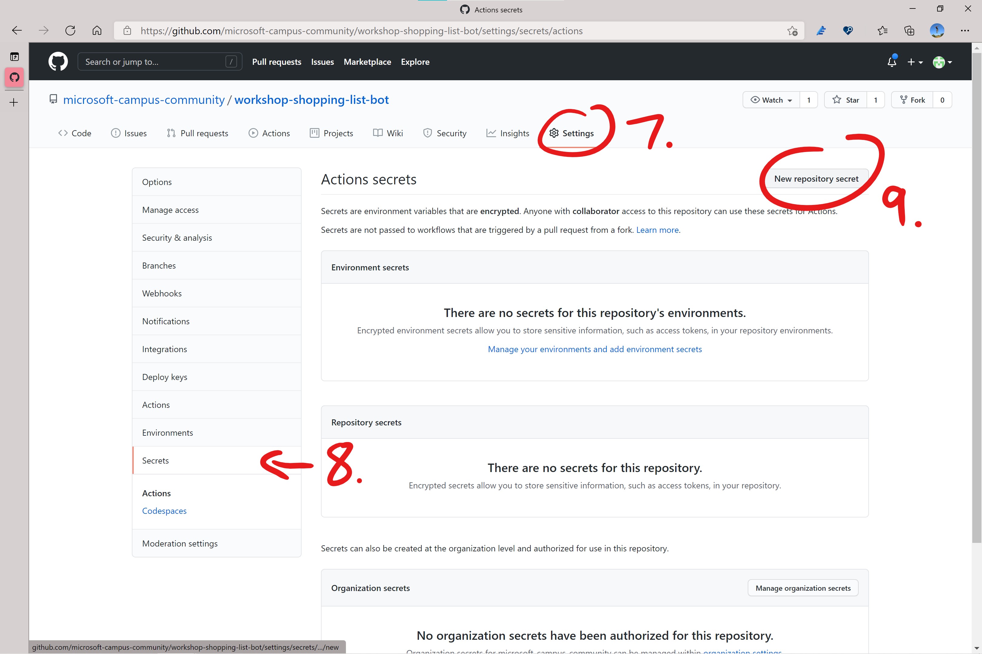 Screenshot of GitHub.com showing how to navigate to secrets page in settings. Red circle around 'New repository secret' button.