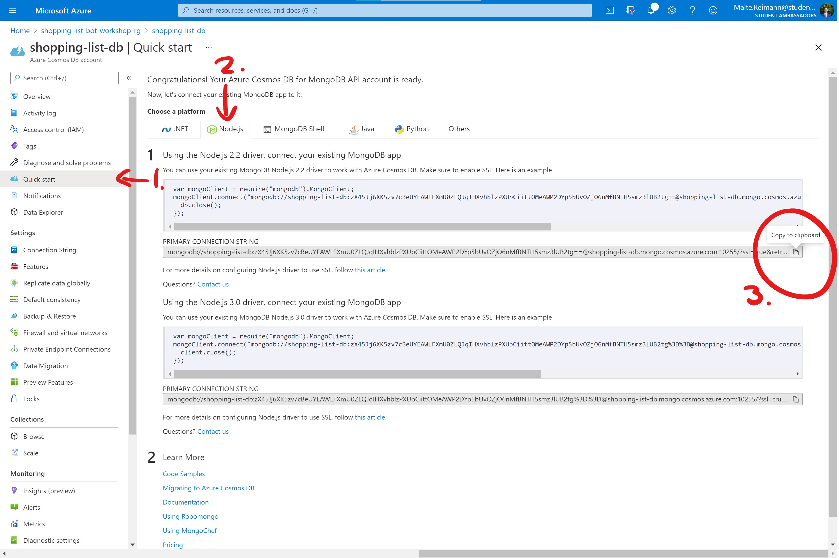 Screenshot of Azure Portal with 'Quick start' page of a Cosmos DB resource open and red circle around copy to clipboard button for 'PRIMARY CONNECTION STRING'.