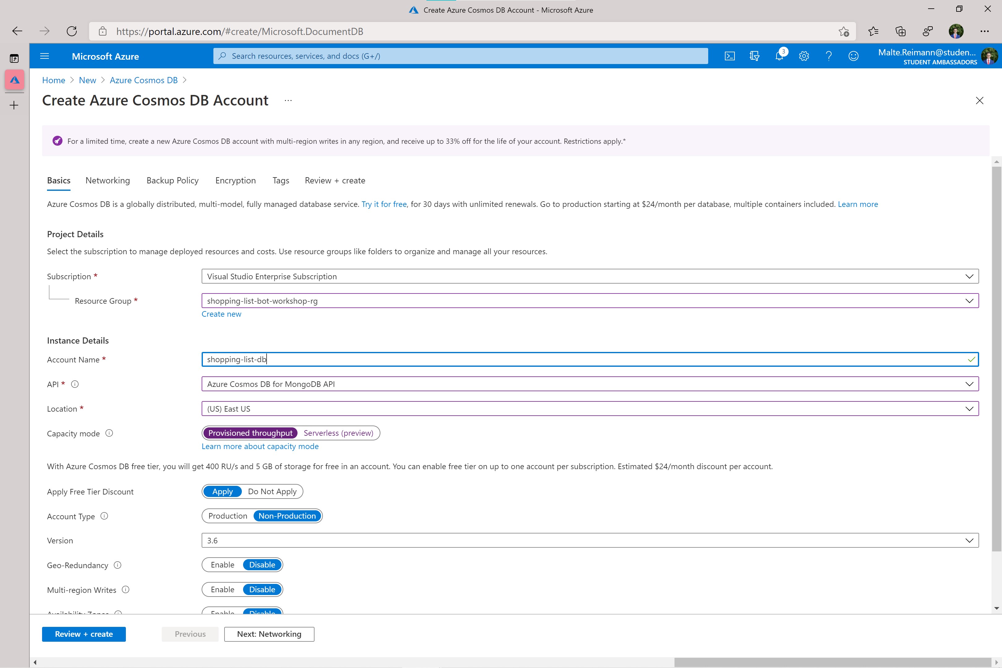 Screenshot of Cosmos DB resource create a page in Azure with all the information that are required filled out.