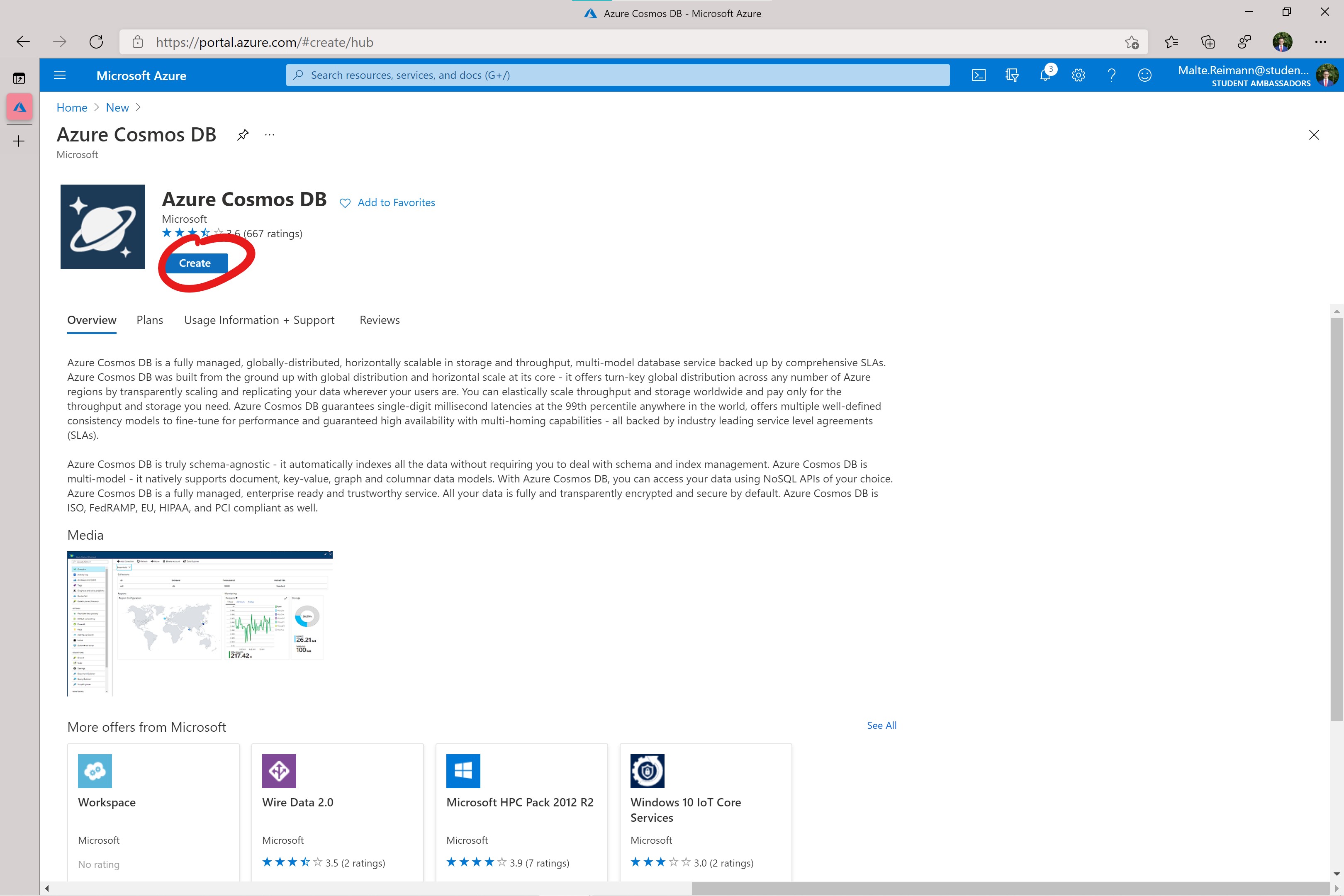 Screenshot of Azure Marketplace Page for 'Azure Cosmos DB'. A red circle around the  'Create' button.