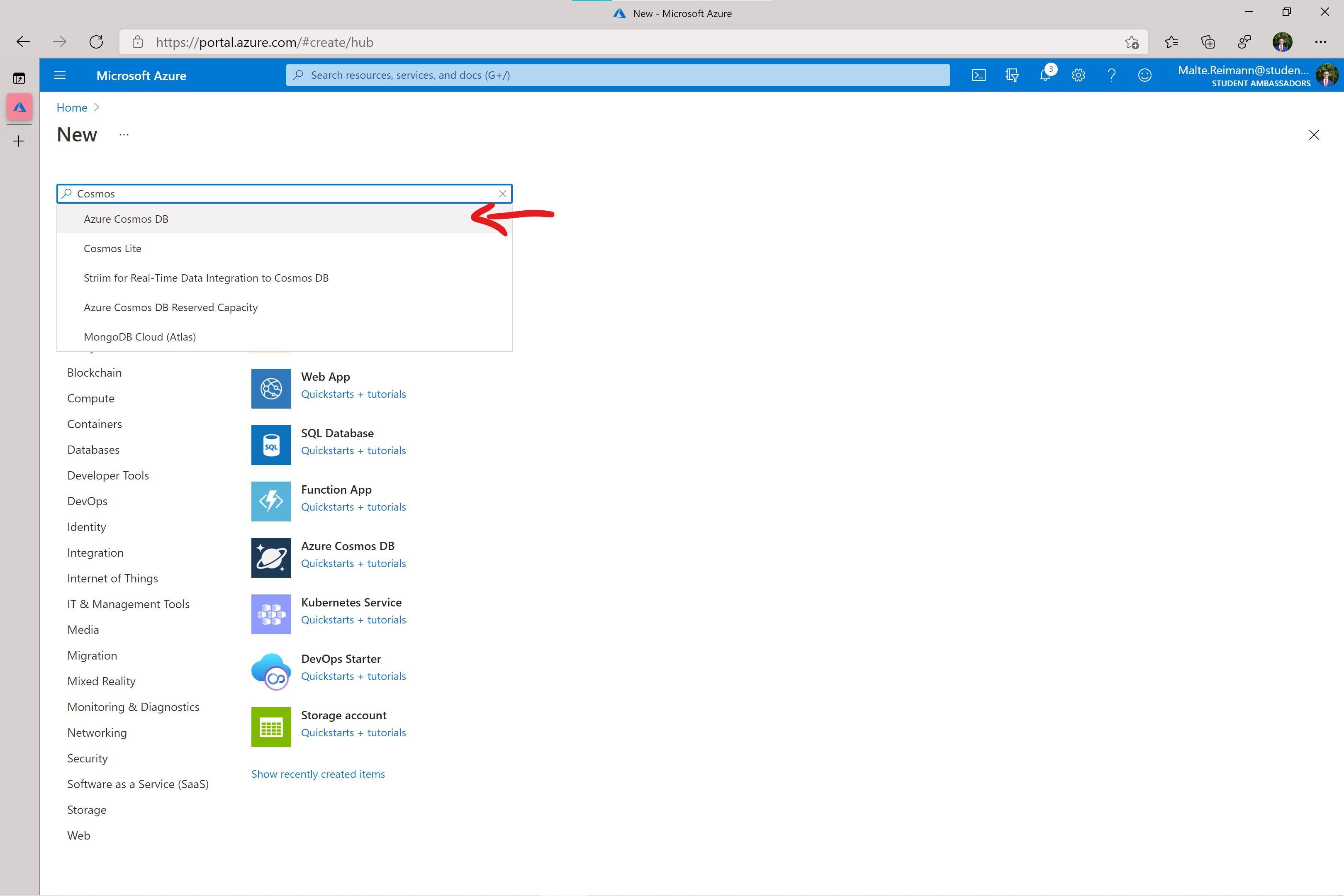 Screenshot of Azure Marketplace with 'Cosmos' entered in the search box and red arrow pointing to the 'Azure Cosmos DB' suggestion.