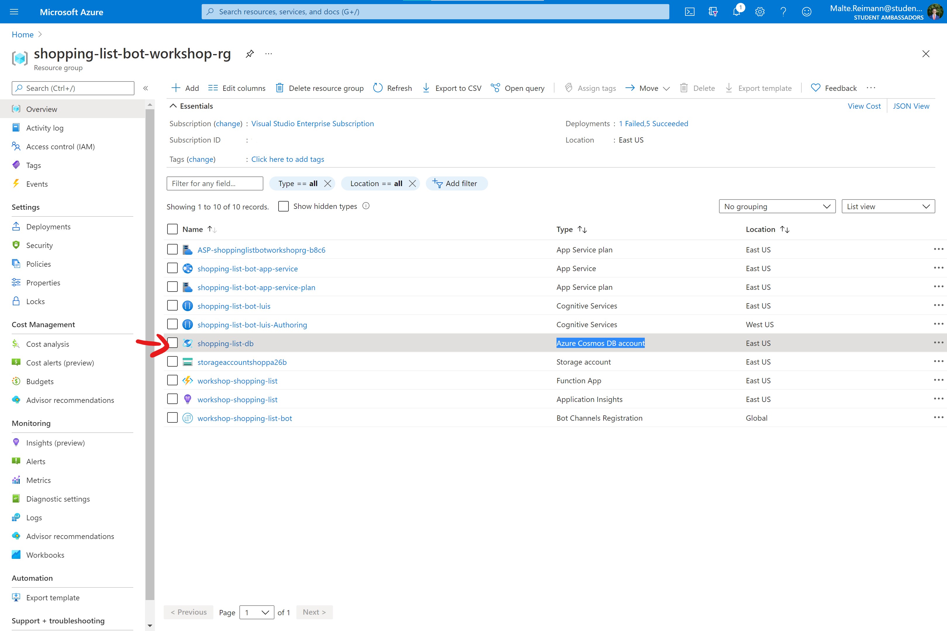 Screenshot of Azure Portal with resource group for this workshop open and red arrow pointing to 'Azure Cosmos DB account' resource