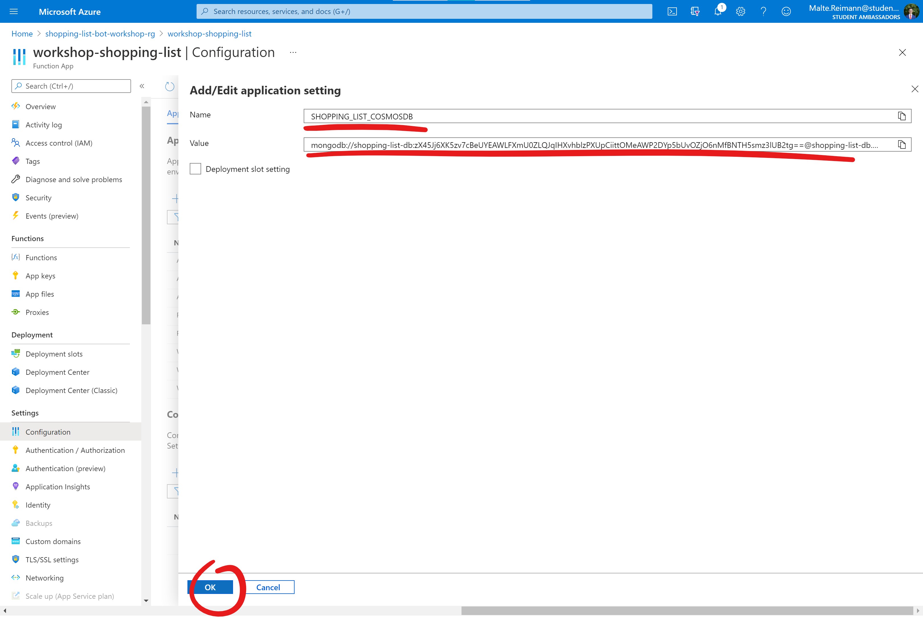 Screenshot of Azure Portal with Function App 'Add/Edit application setting' open, 'Name' and 'Value' text fields filled out and red circle around 'OK' button.