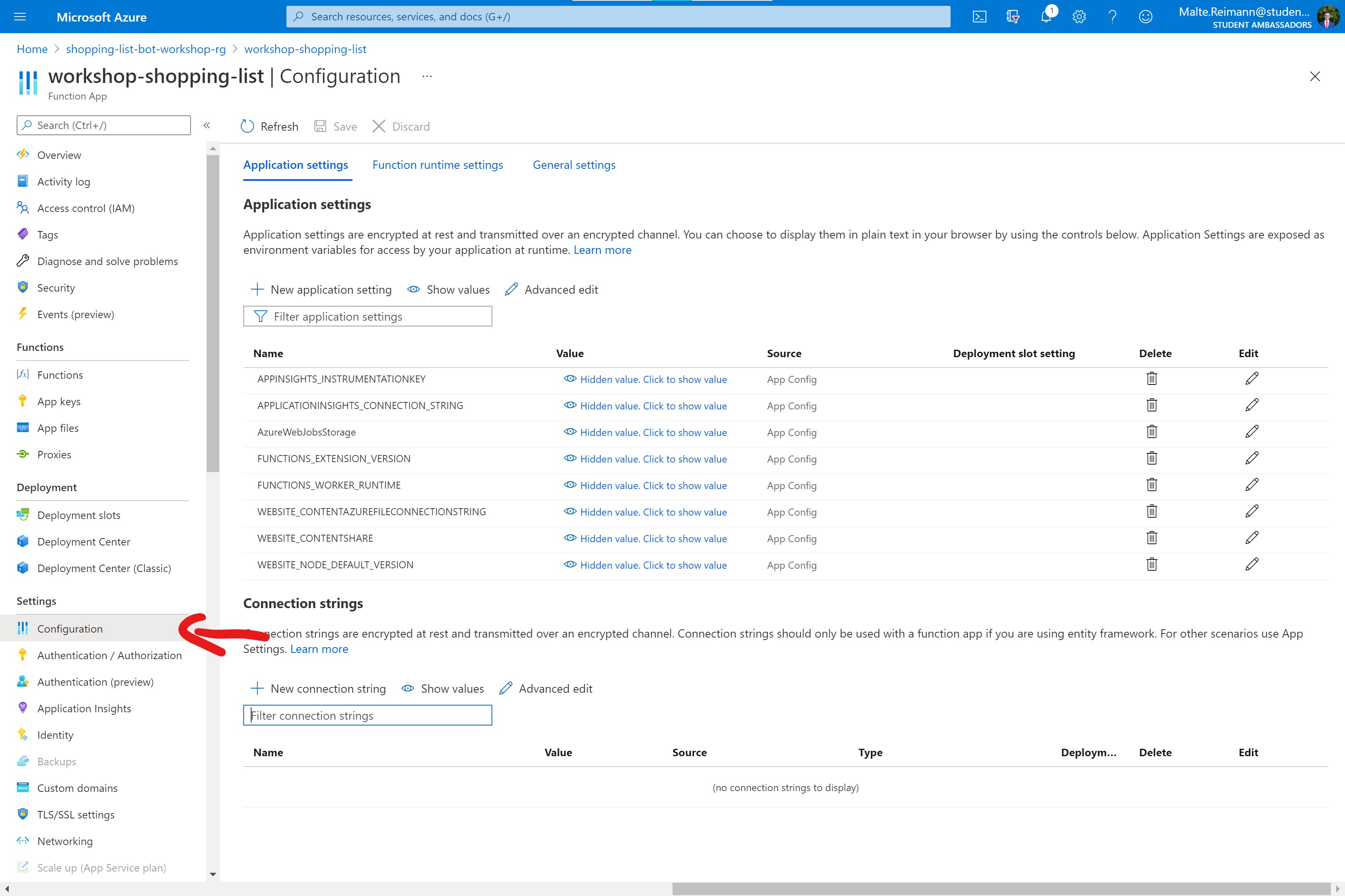 Screenshot of Azure Portal with Function App open and a red arrow pointing to 'Configuration' in left side navigation.