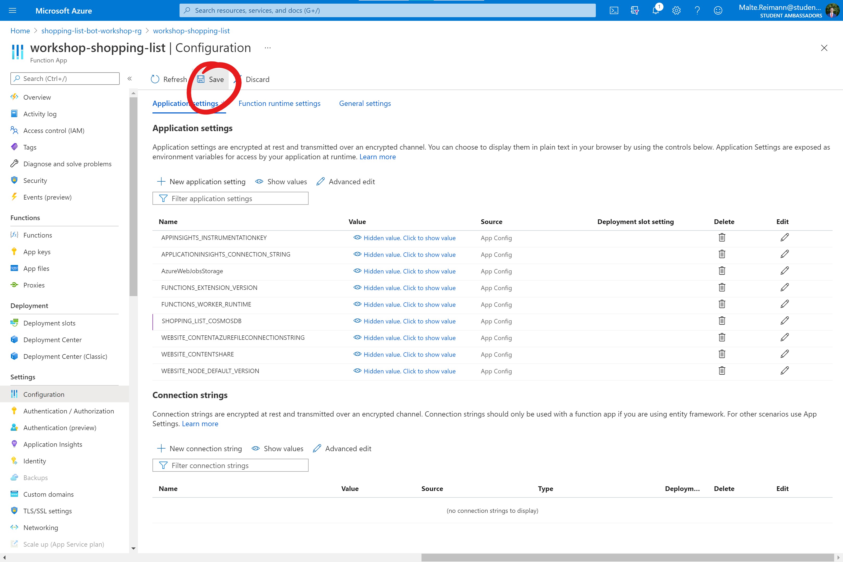 Screenshot of Azure Portal with Function App 'Configuration' page open and red circle around 'Save' button.