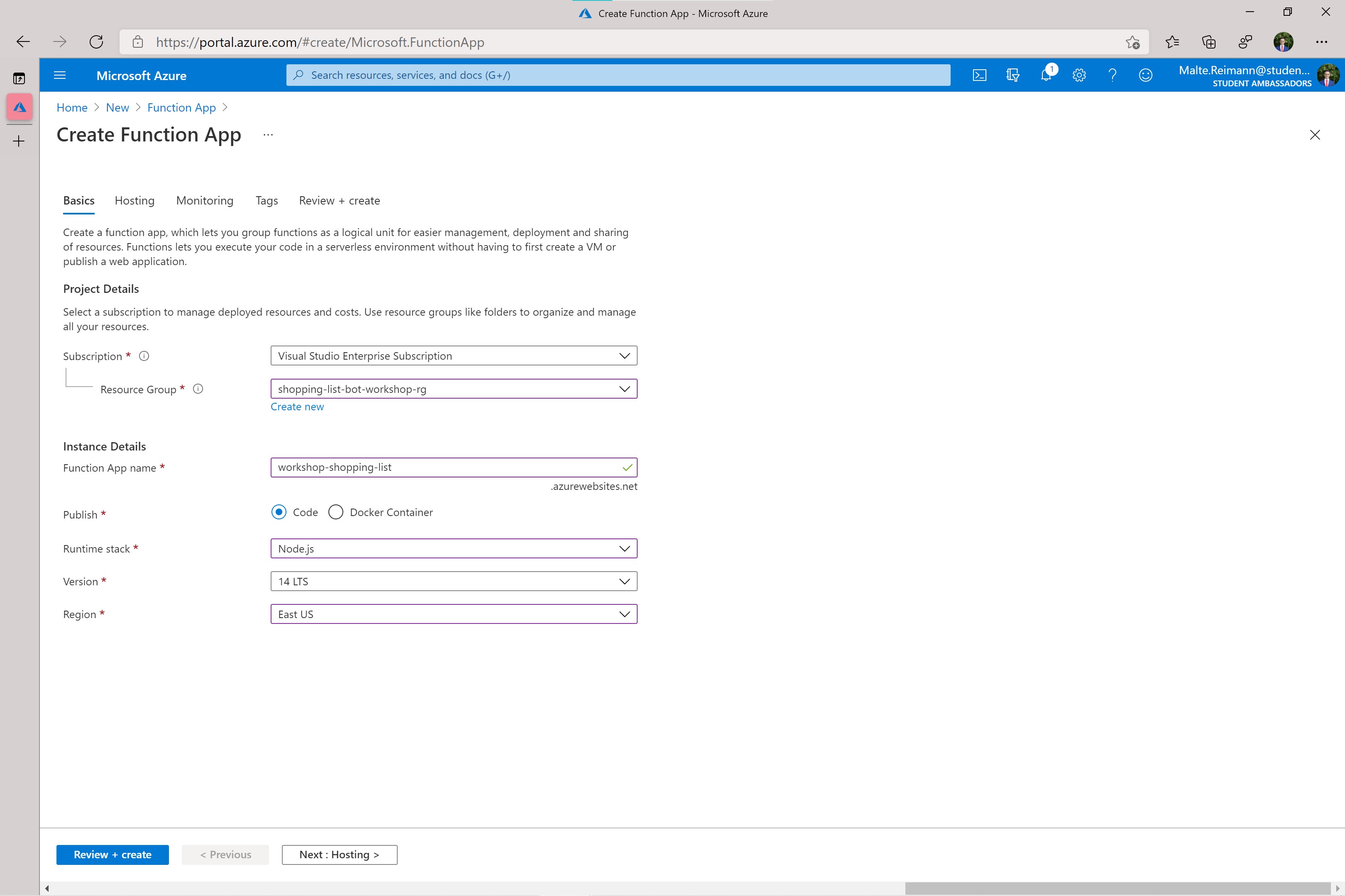 Screenshot of Function App resource create a page in Azure with all the information that are required filled out.