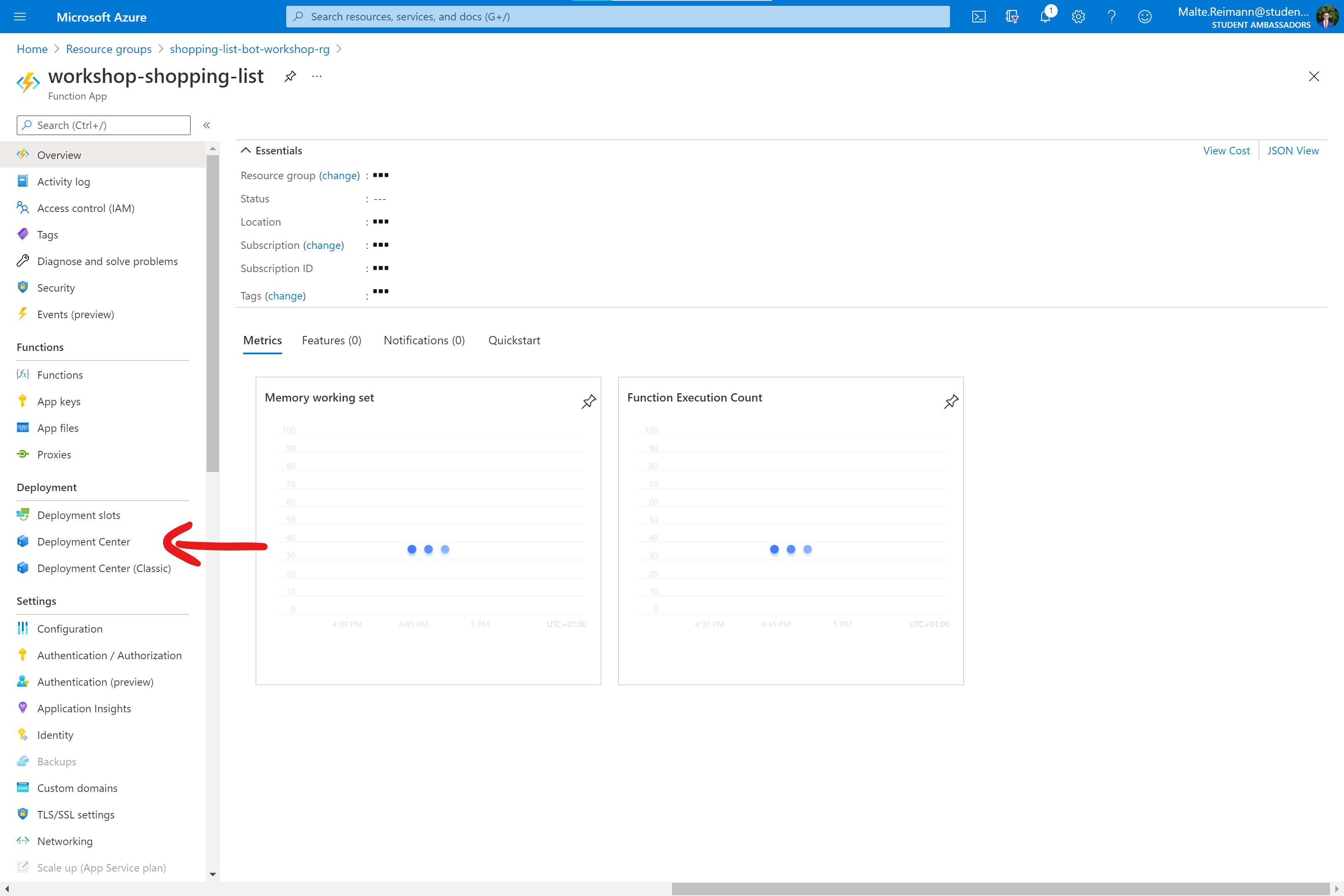 Screenshot of Azure Portal with Function App resource open.