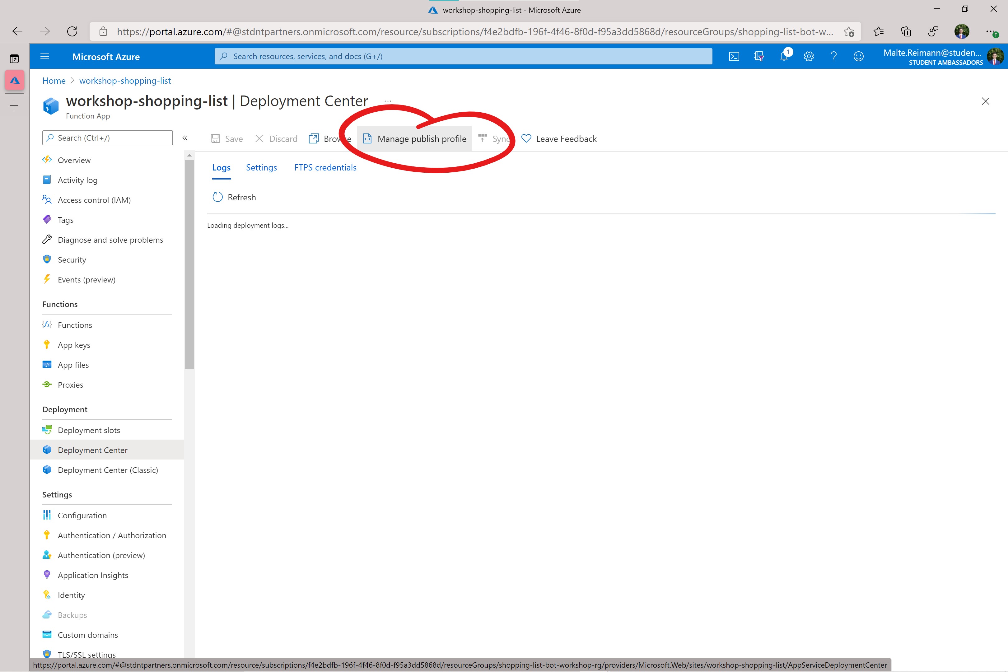 Screenshot of Azure Portal with App Service Deployment Center for Azure Function open.