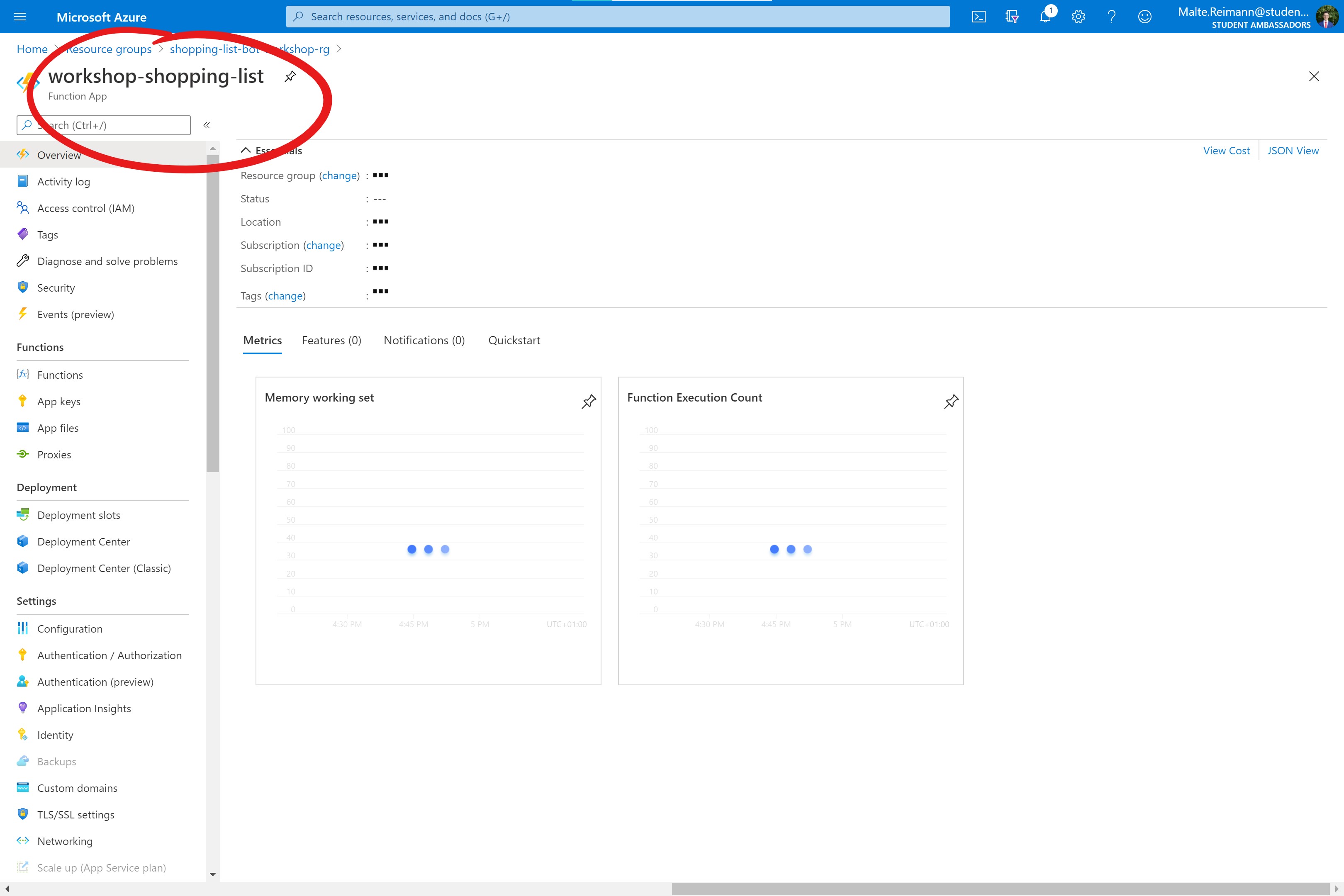 Screenshot of Azure Portal with Function App resource open and red circle around the name of the Azure Function.