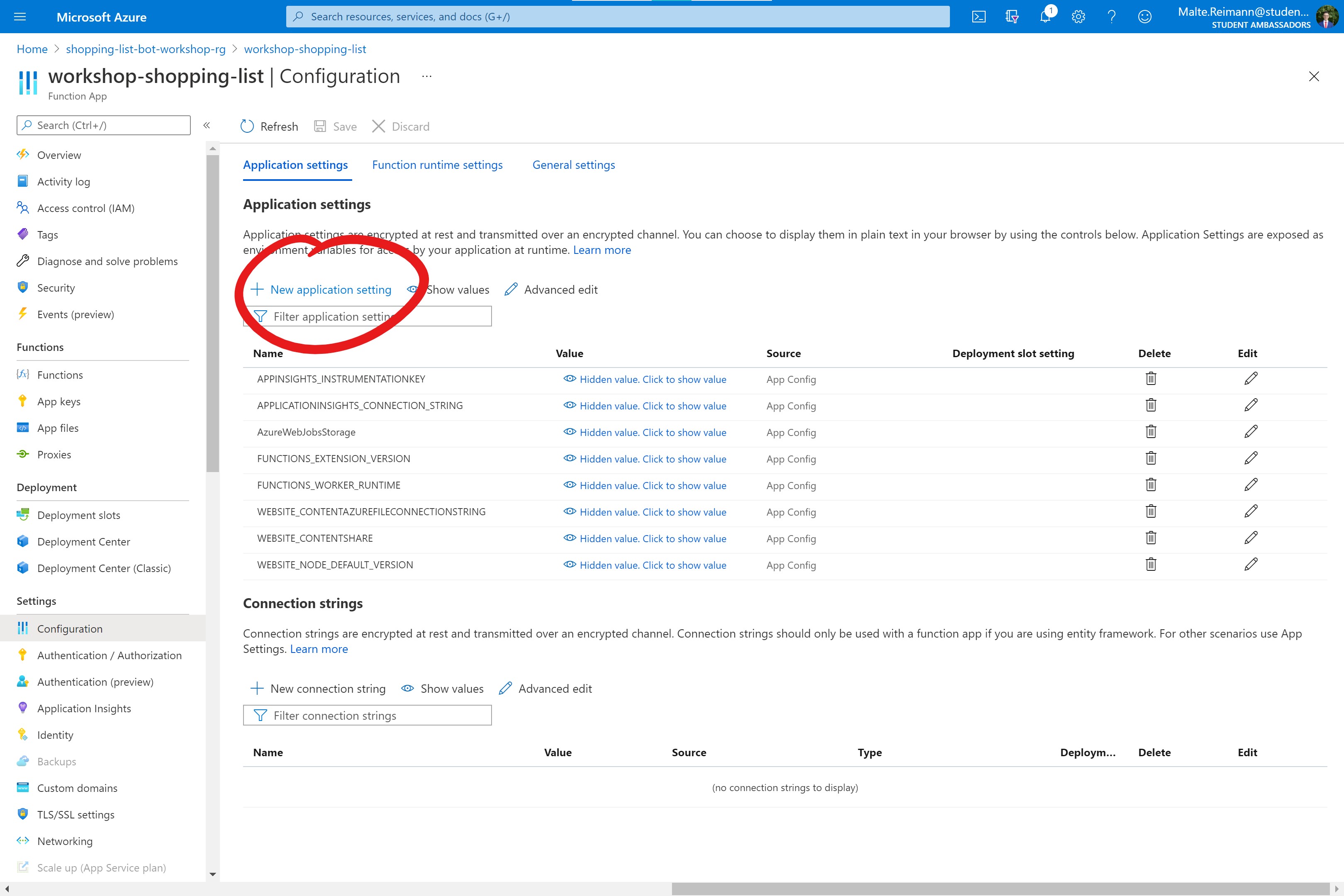 Screenshot of Azure Portal with Configuration page of Function App open and red circle around '+ New application setting' button in 'Application settings' section.