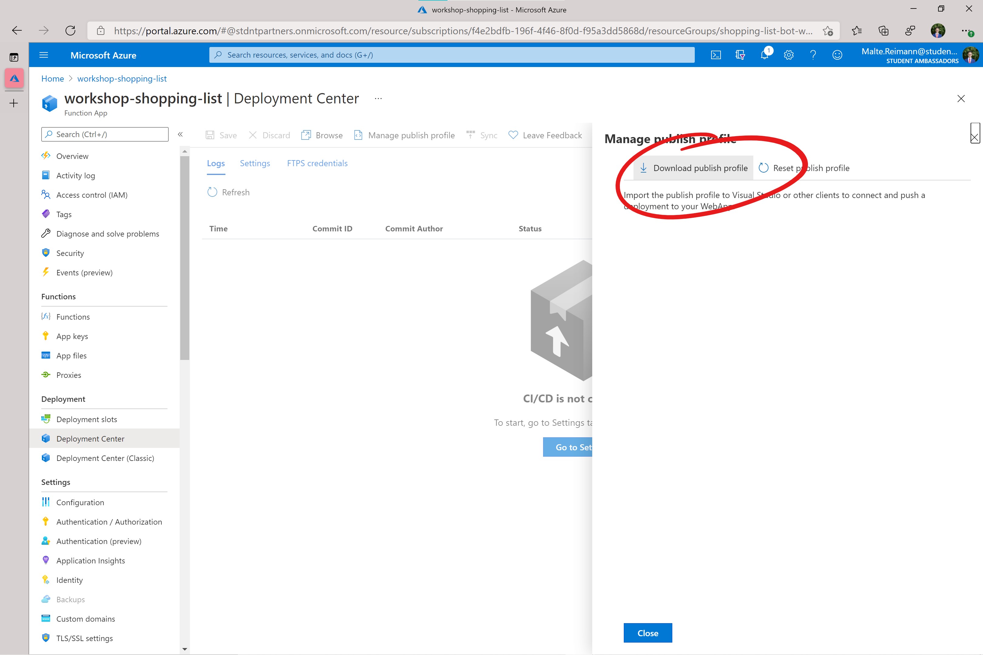 Screenshot of Azure Portal with App Service Deployment Center Manage Publish Profile open and red circle around 'Download publish profile' button.