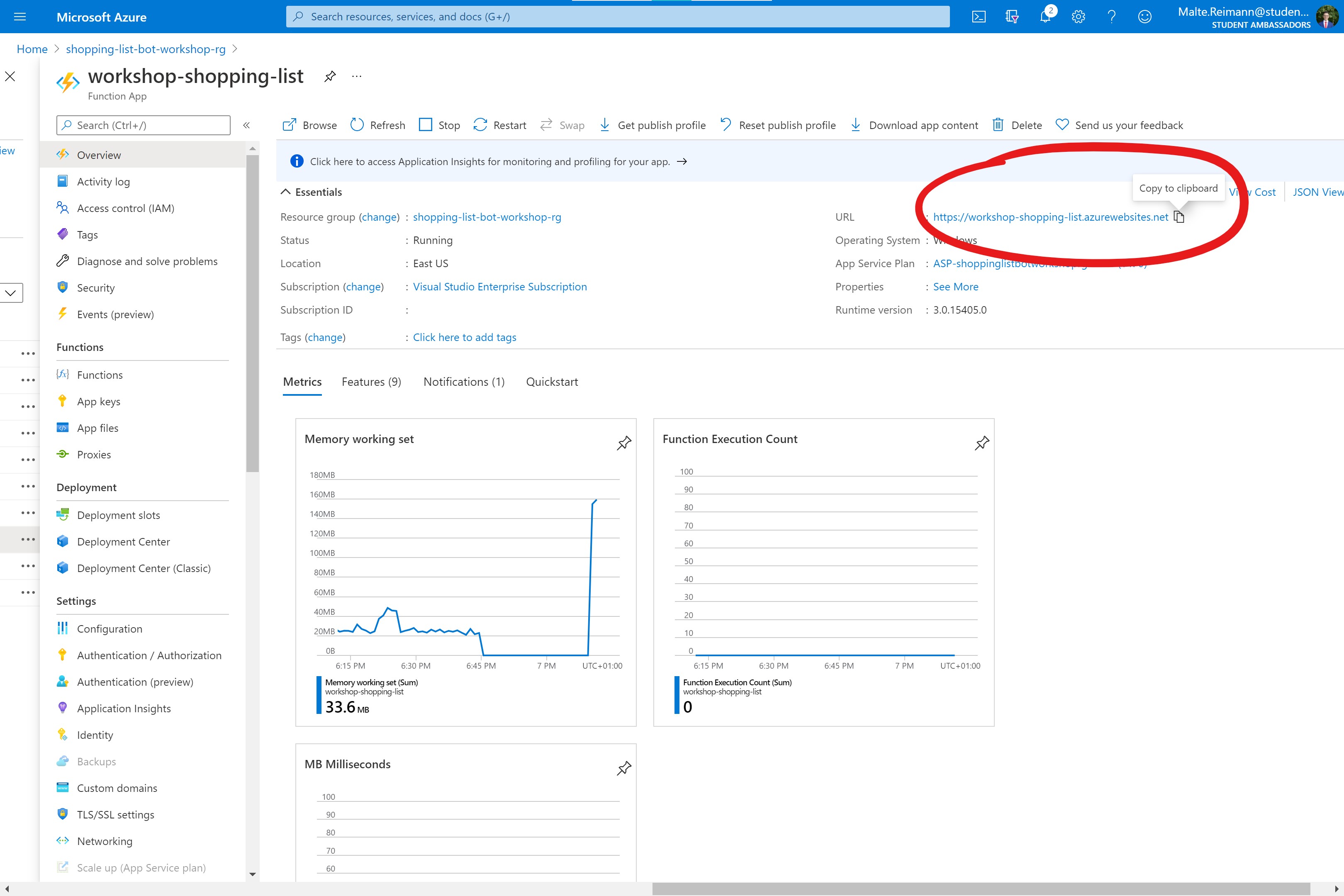 Screenshot of Azure Portal with Function App 'Overview' page open and red circle around 'URL' property.