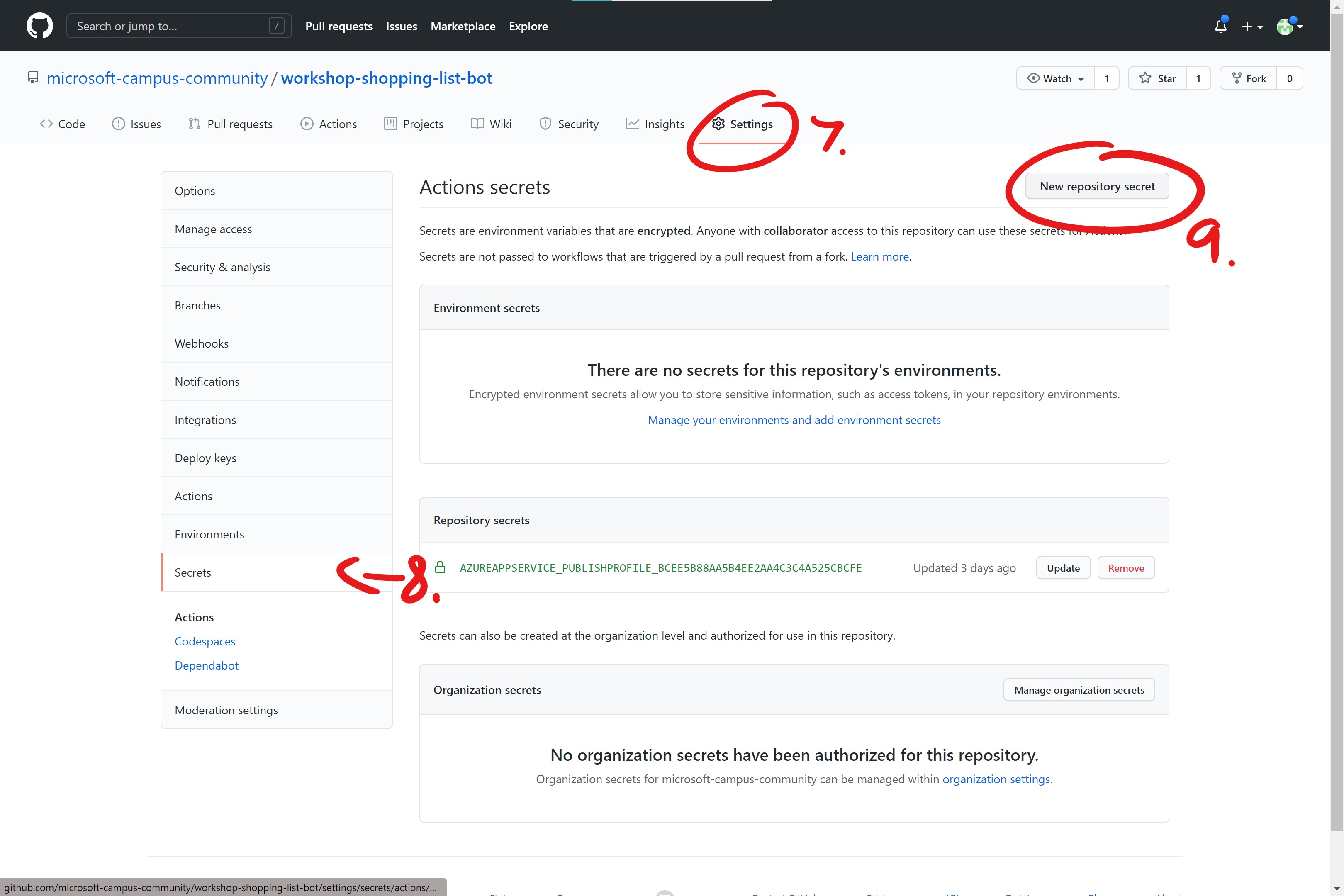 Screenshot of GitHub.com showing how to navigate to secrets page in settings. A red circle around the 'New repository secret' button.