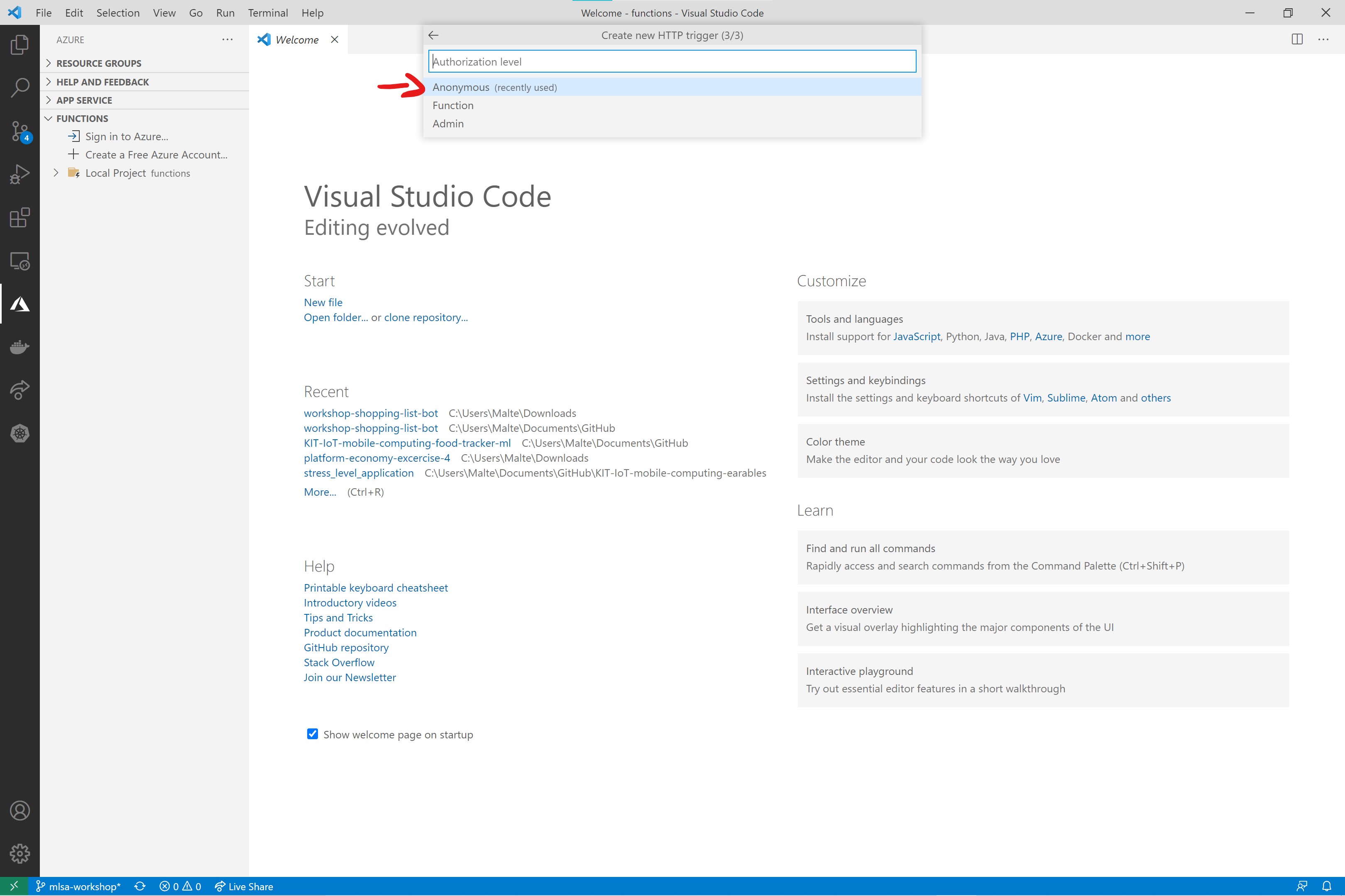 Screenshot of Visual Studio Code Function creation process prompt for 'Authorization Level' and a red pointer pointing to 'Anonymous' in the list of available authorization levels.