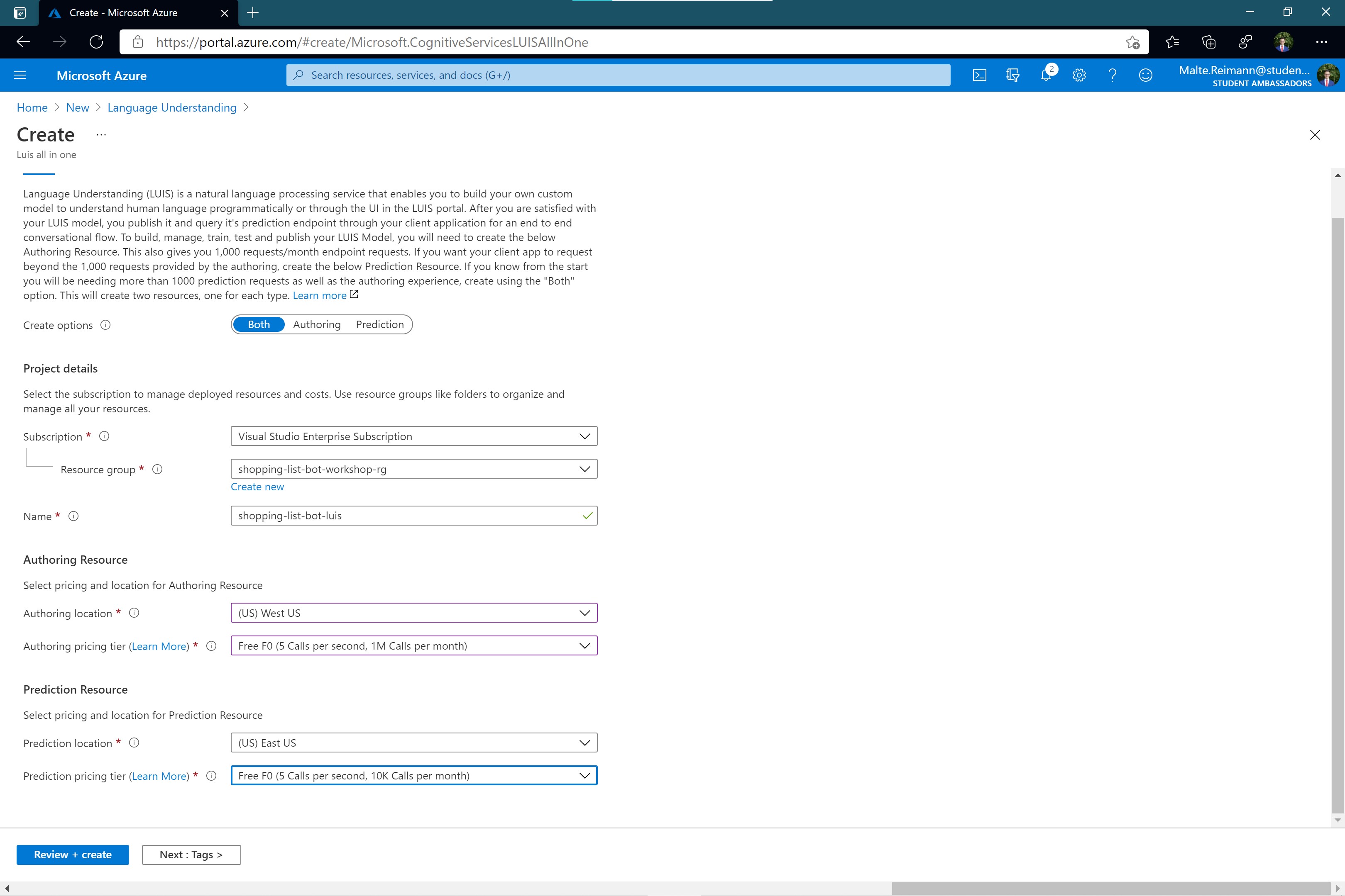 Screenshot of Language Understanding resource create page in Azure with all the information that are required filled out.