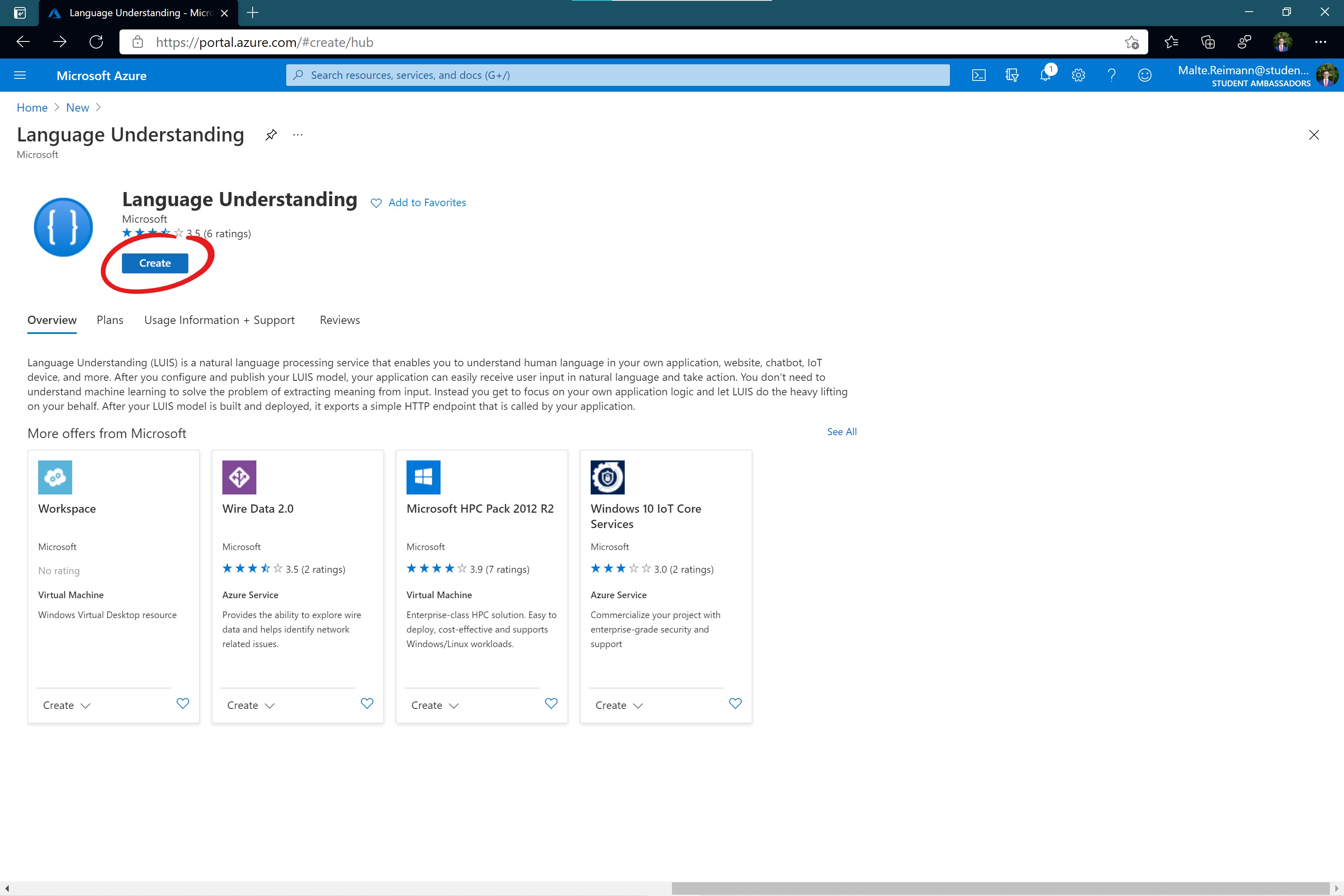 Screenshot of Azure Marketplace Page for 'Language Understanding'. A red circle around the 'Create' button.