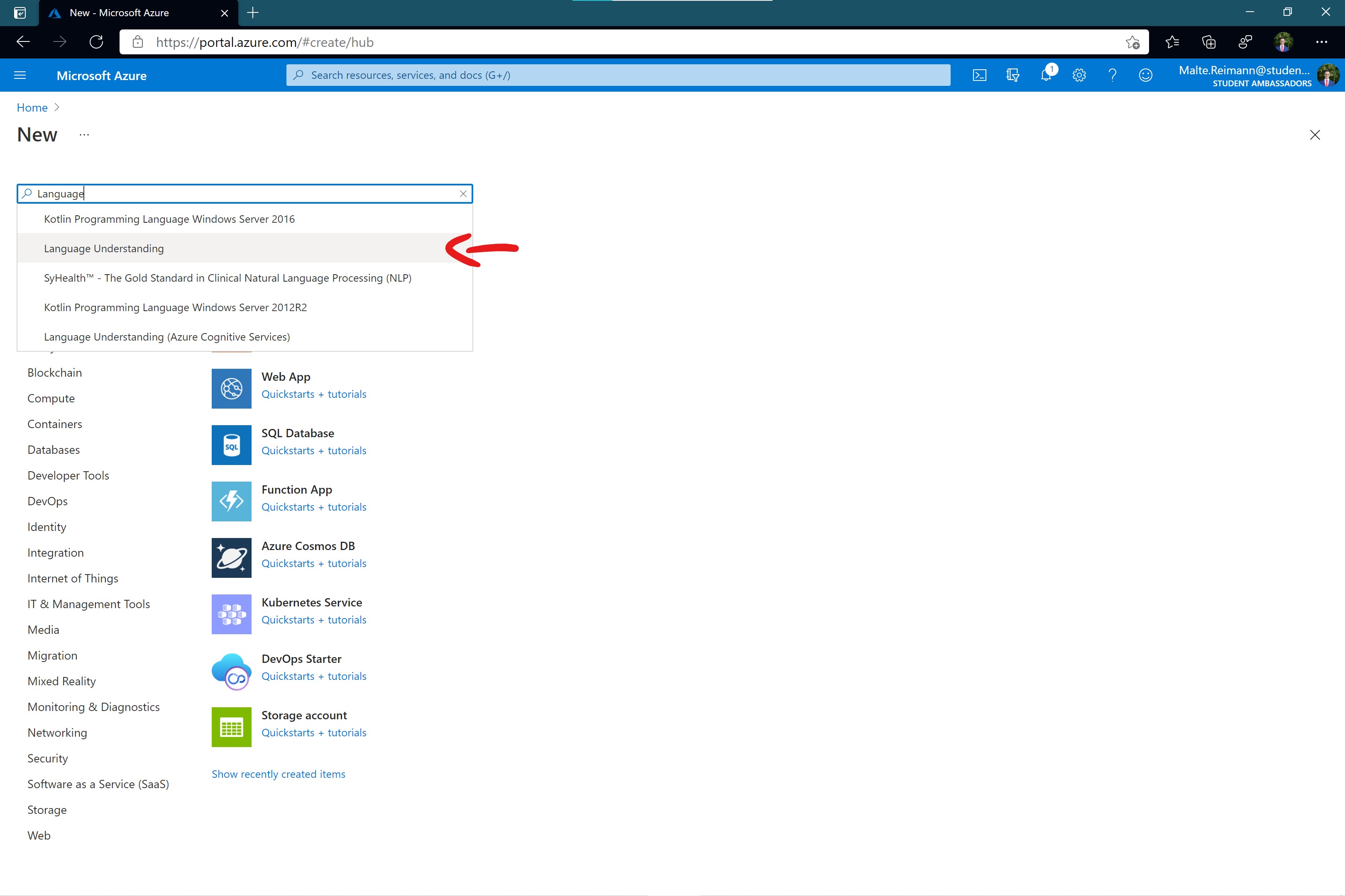 Screenshot of Azure Marketplace with 'Language' entered in the search box and red arrow pointing to the 'Language Understanding' suggestion.