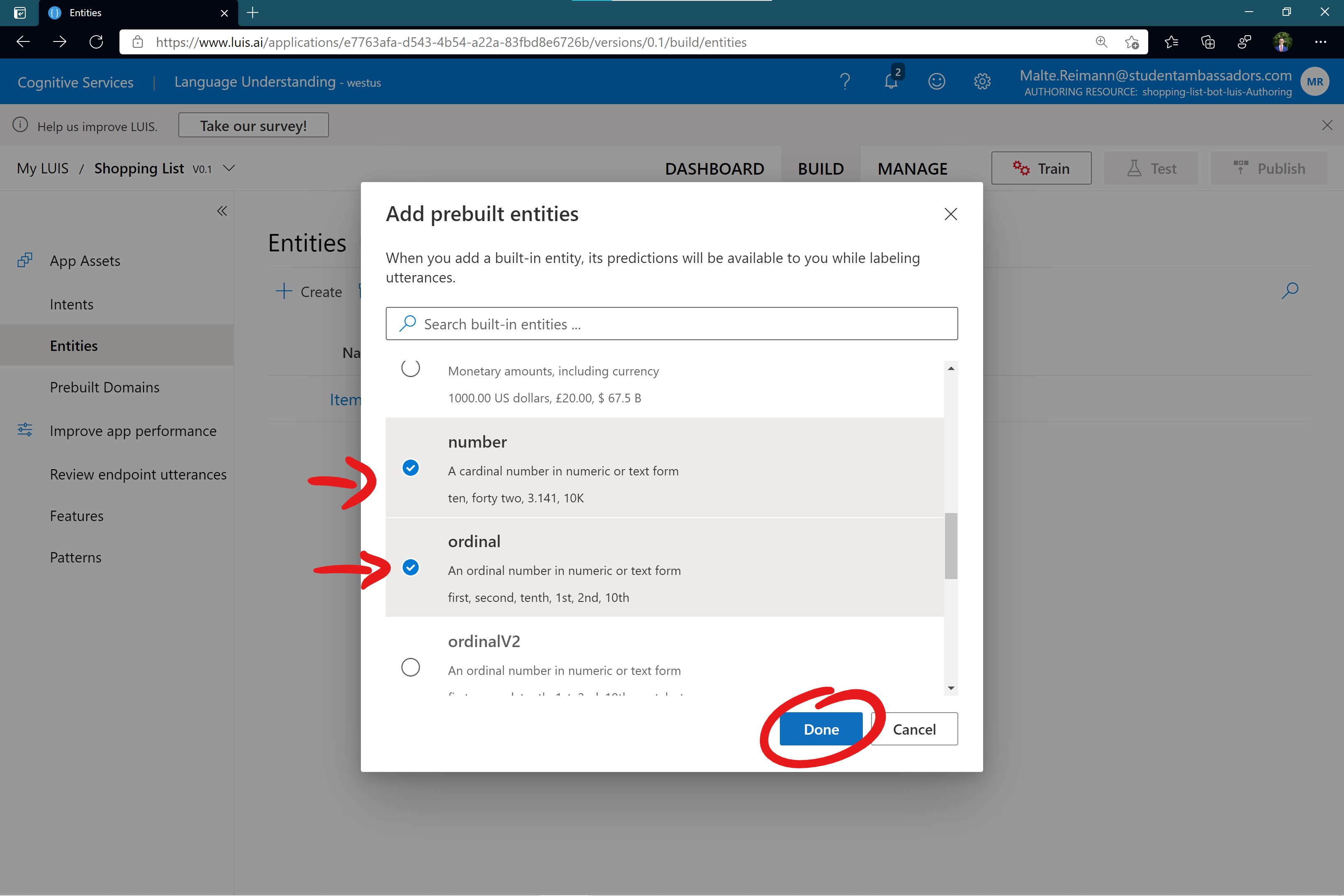 Screenshot of luis.ai prompt to add prebuilt entities with prebuilt entity number and ordinal selected