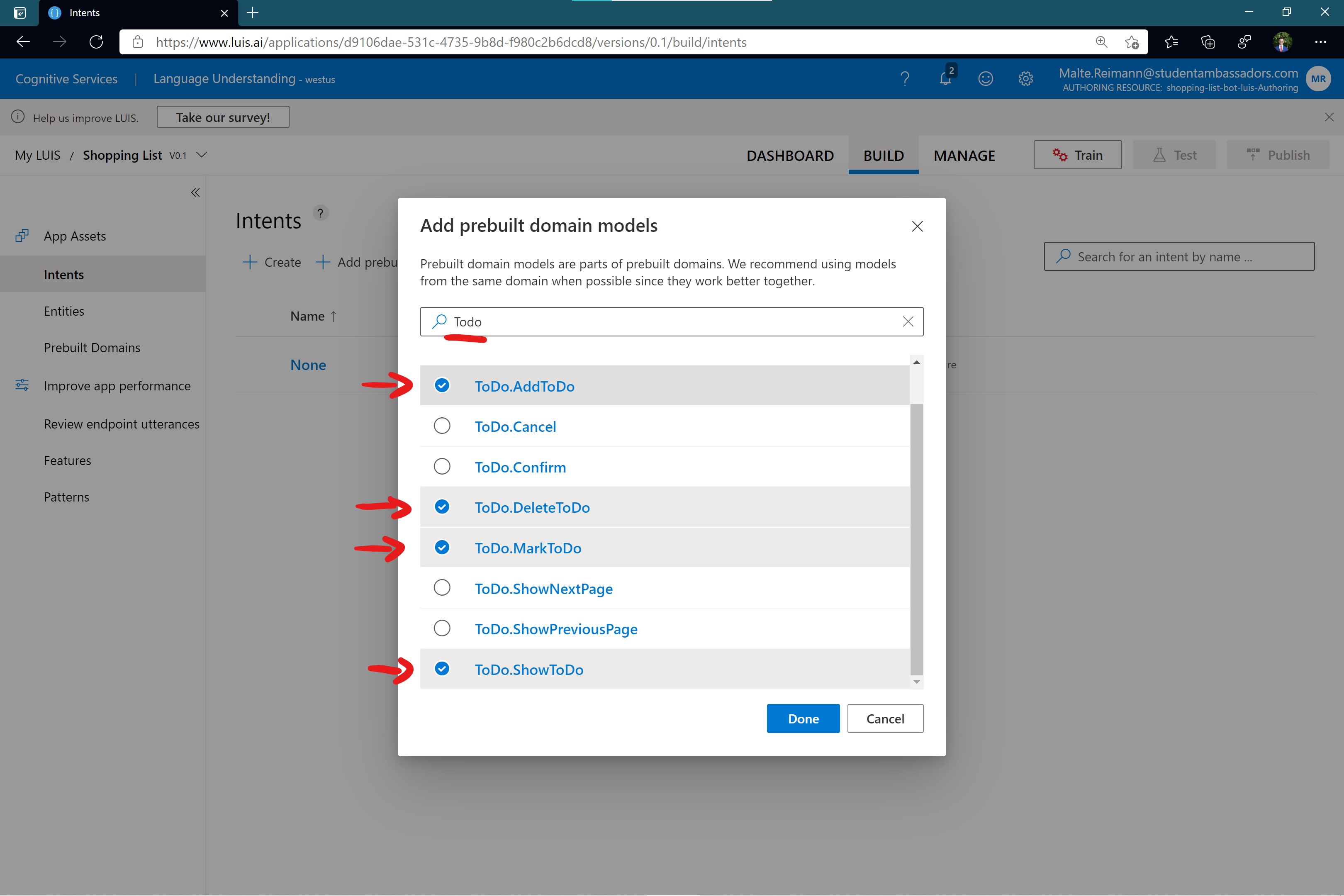 Screenshot of luis.ai Add prebuilt domain models with 'Todo' entered in the search bar and 'ToDo.AddToDo', 'ToDo.DeleteToDo', 'ToDo.MarkToDo' and 'ToDo.ShowToDo' selected in the list of available prebuilt intents.