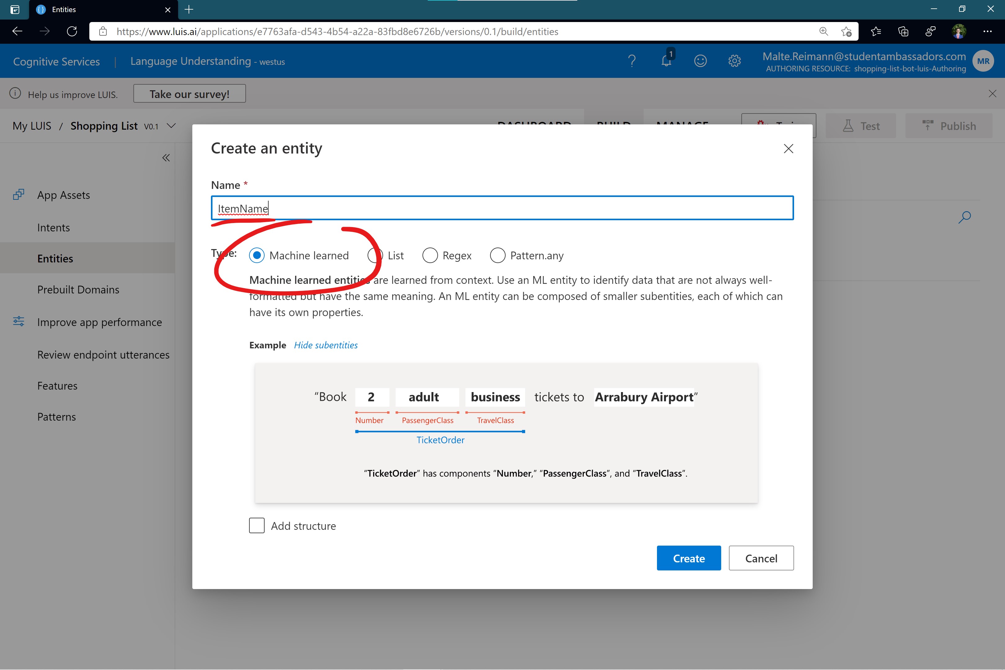 Screenshot of luis.ai prompt to create a new LUIS entity with name 'ItemName' and type 'machine learned'