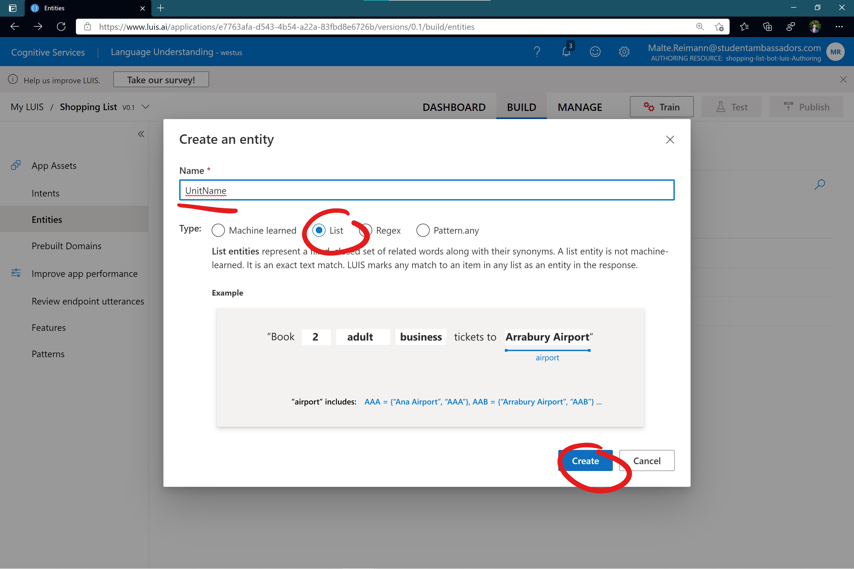 Screenshot of luis.ai prompt to create a new LUIS entity with name 'UnitName' and type 'list'